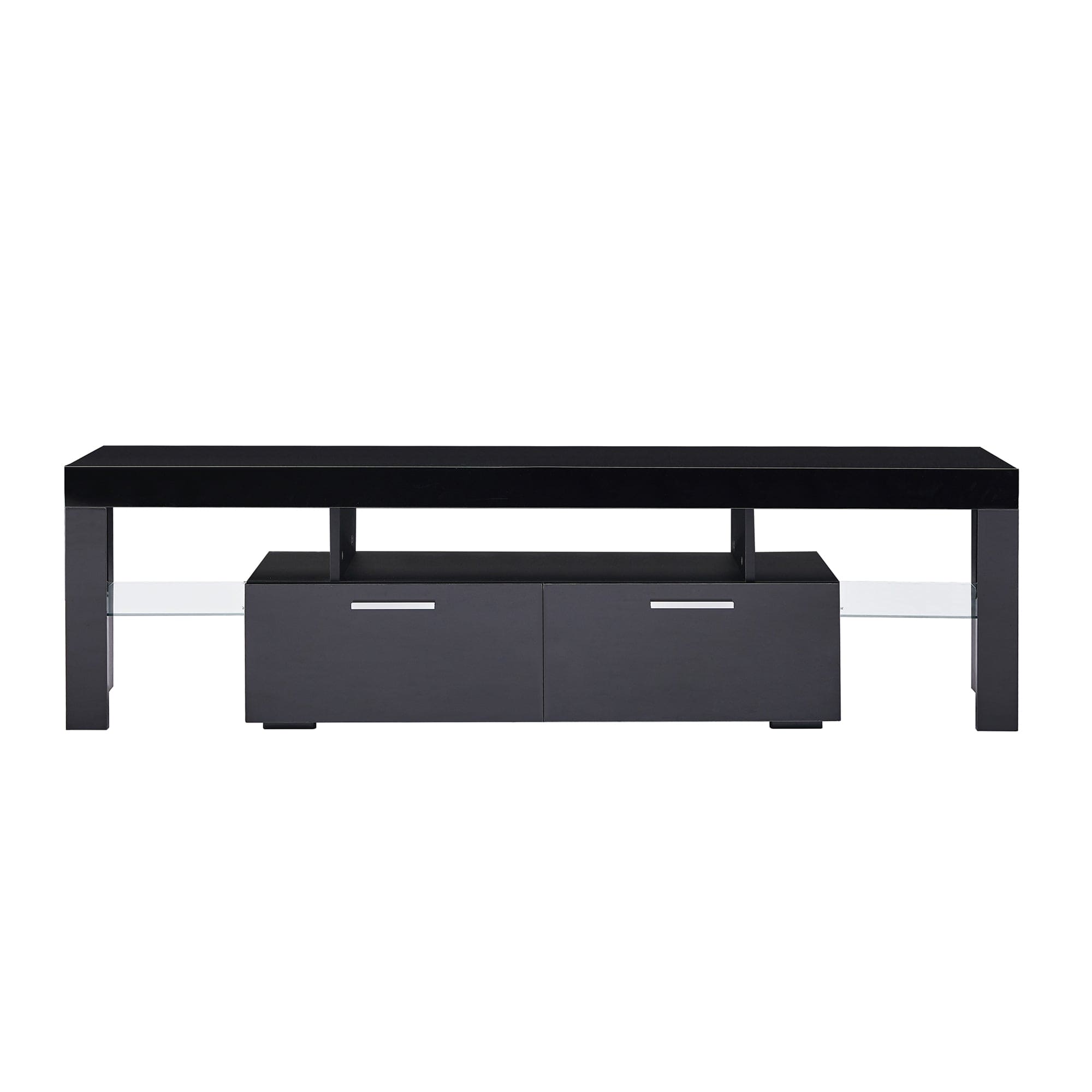 FashionTVstandTVcabinet,EntertainmentCenter,TVstationTV console,media console,with LEDlight belt,light belt remote control,toughenedglassshelf,metal handle,Canbeplaced in the living room,bedroom,black