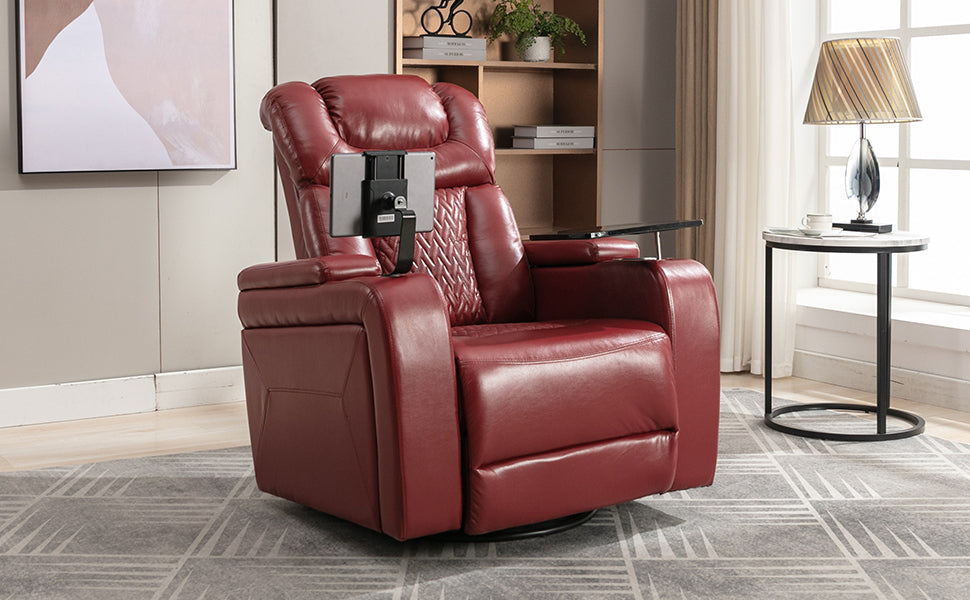 270 Degree Swivel PU Leather Power Recliner Individual Seat Home Theater Recliner with  Comforable Backrest, Tray Table,  Phone Holder, Cup Holder,  USB Port, Hidden Arm Storage for Living Room, Red