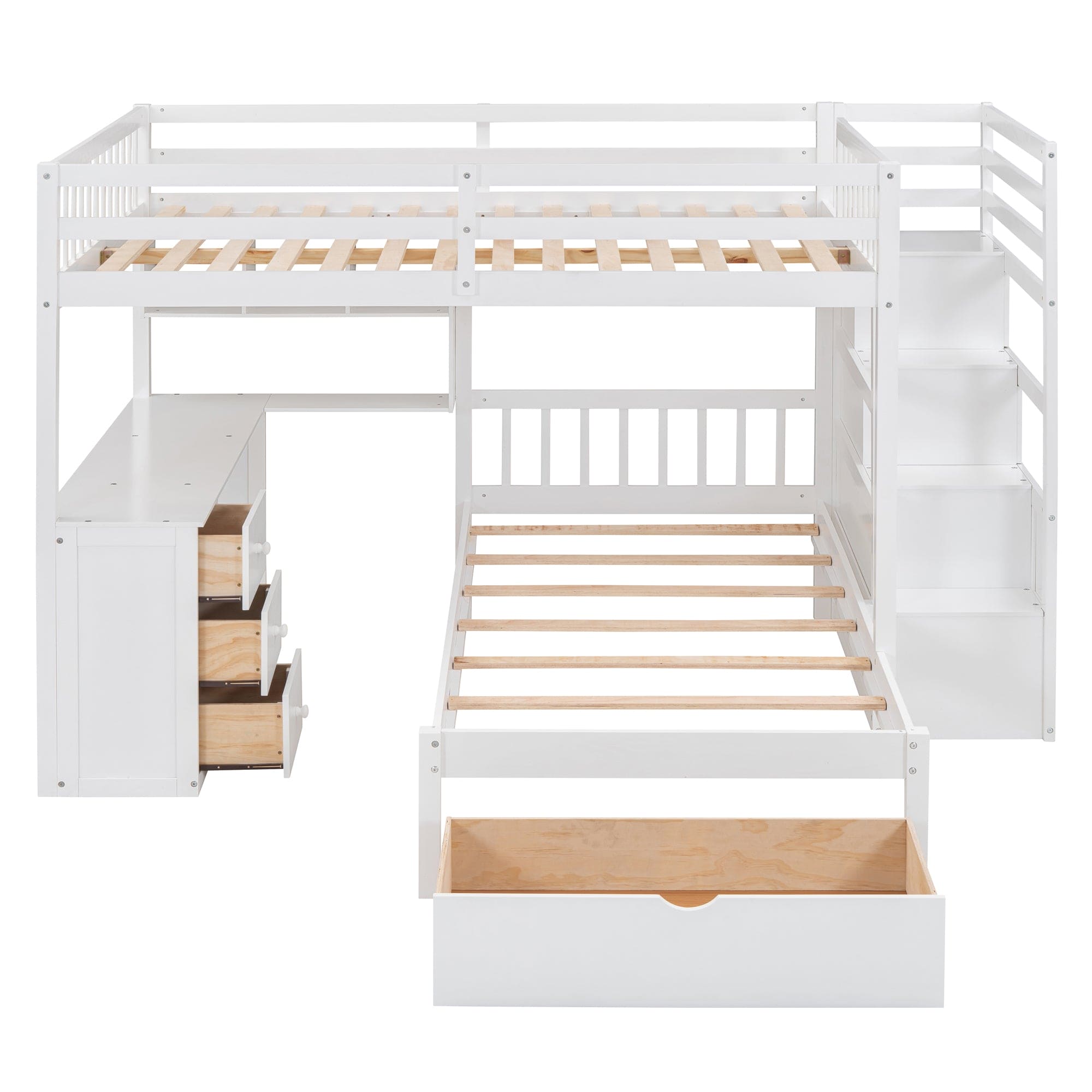 Full Over Twin Bunk Bed with Desk, Drawers and Shelves, White