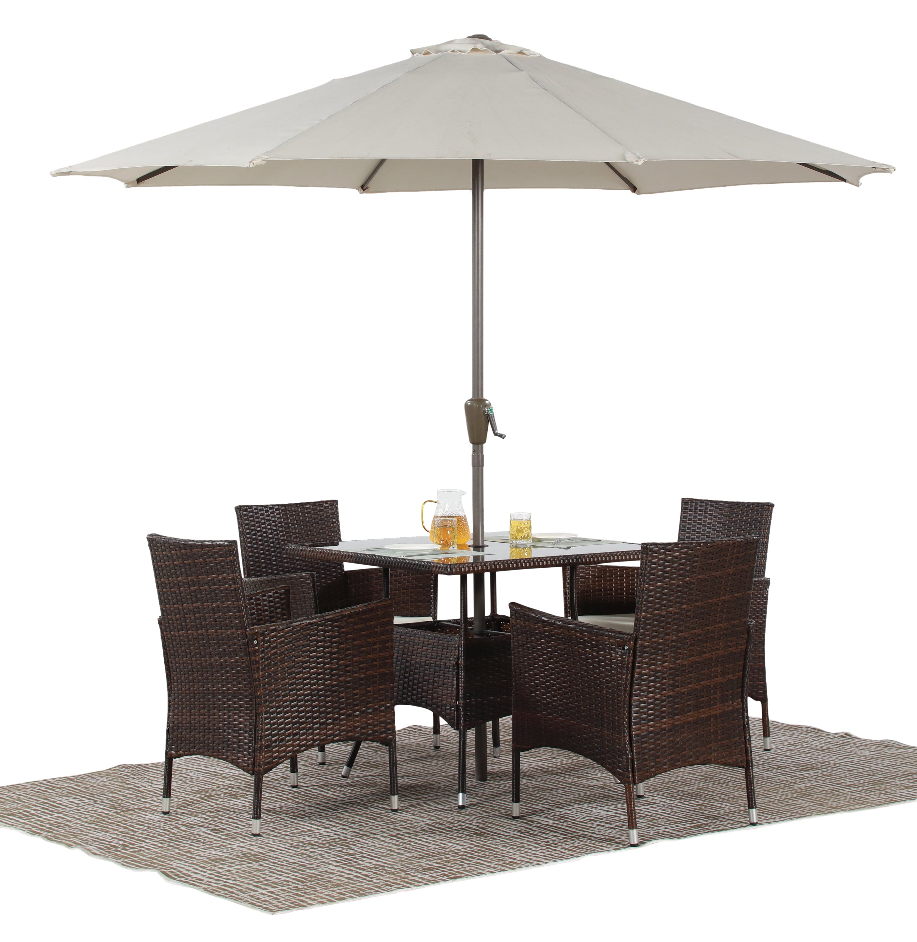 5-Pieces PE Rattan Wicker and Metal Patio Dining Set with Beige Cushions