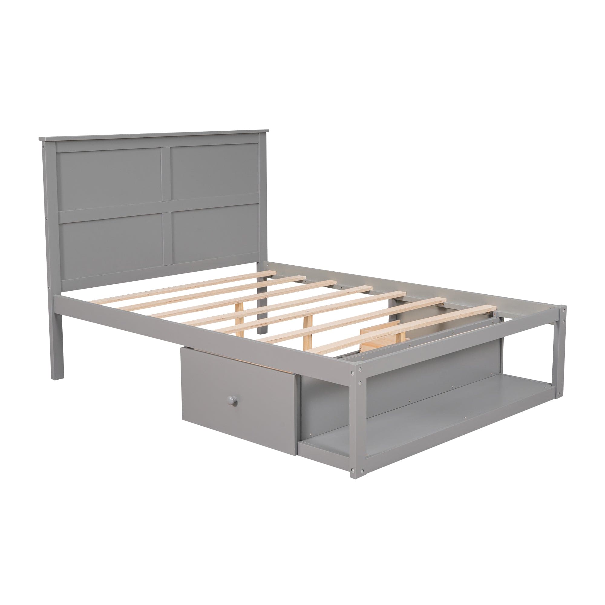 Full Size Platform Bed with Drawer on the Each Side and Shelf on the End of the Bed, Gray