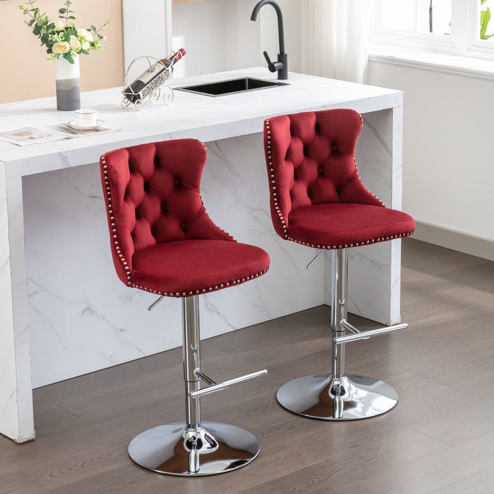 Swivel Velvet Barstools Adjusatble Seat Height from 25-33 Inch, Chrome base Bar Stools with Backs Comfortable Tufted for Home Pub and Kitchen Island, Wine Red,Burgundy,Set of 2,1712WR