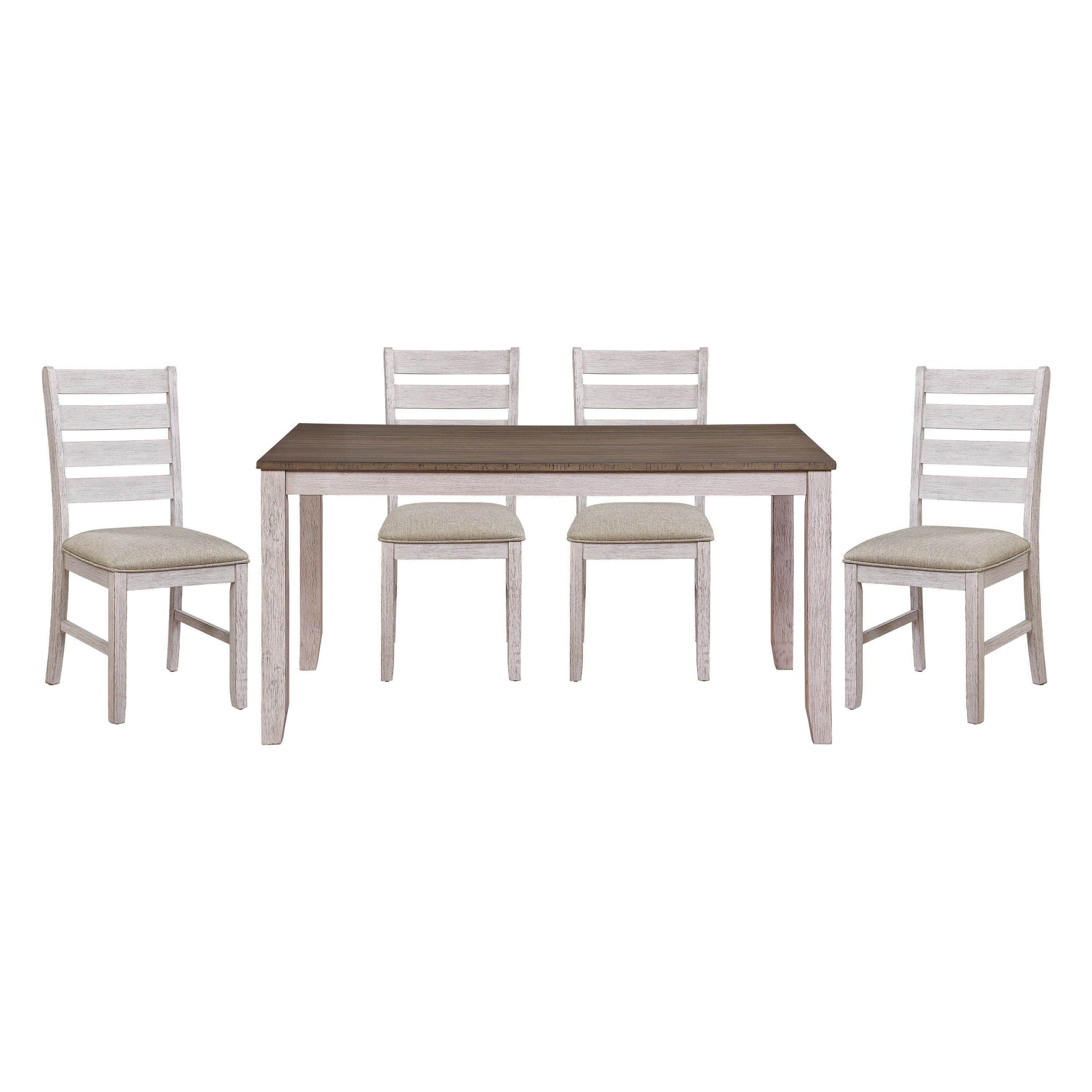 Grayish White and Brown Finish Casual Dining Room Furniture 5pc Dining Set Rectangular Wooden Table and 4x Side Chairs Fabric Upholstered Seat