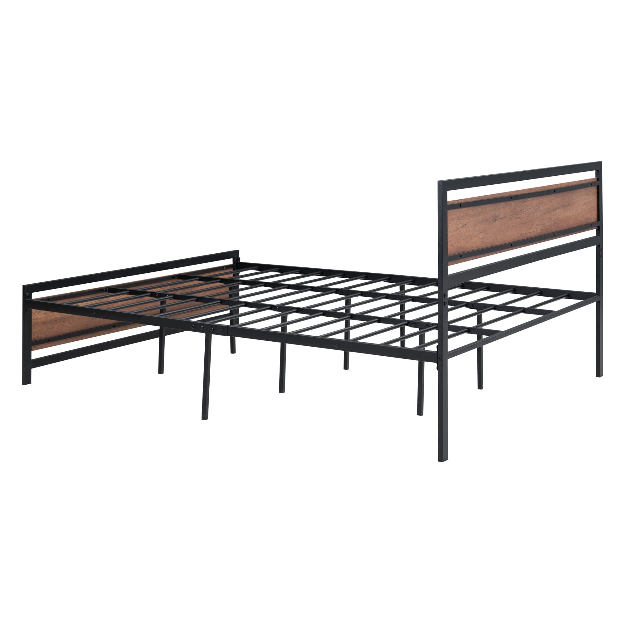 Queen Size Platform Bed, Metal and Wood Bed Frame with Headboard and Footboard , Black