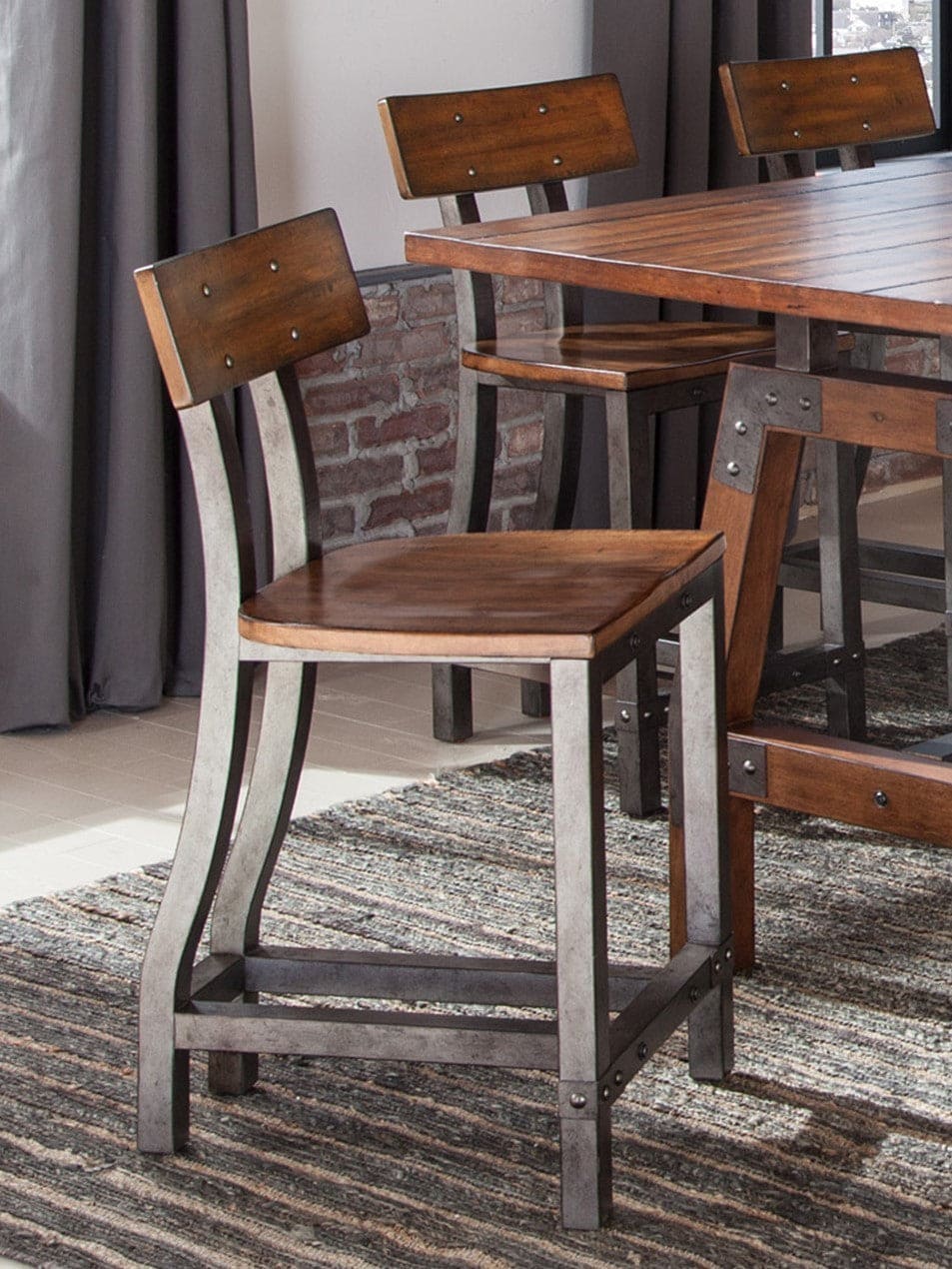 Rustic Brown and Gunmetal Finish Wooden Counter Height Chairs 2pc Set Industrial Design Dining Furniture