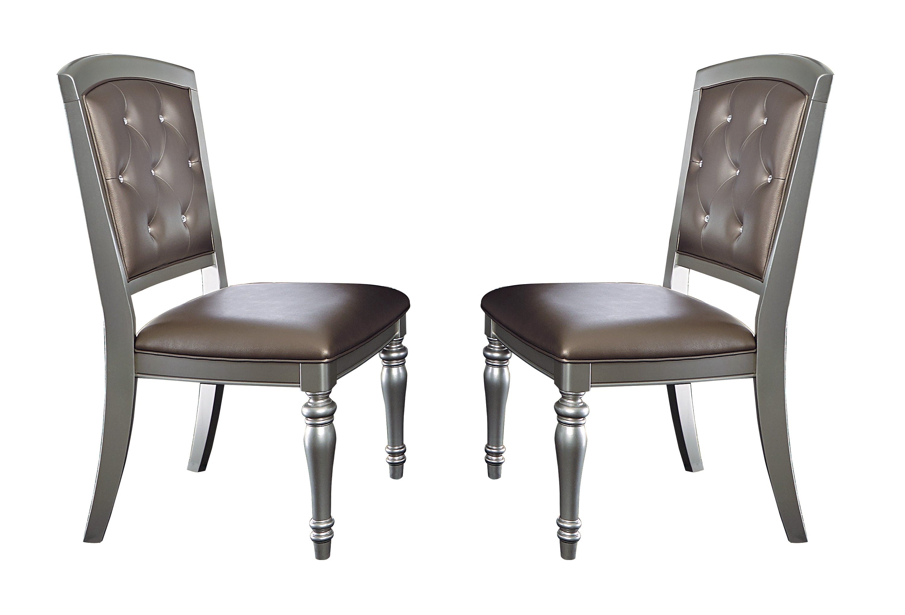 Glamorous 2pc Set Wooden Side Chairs Silver Finish Crystal Button Tufted Faux Leather Upholstered Dining Chairs