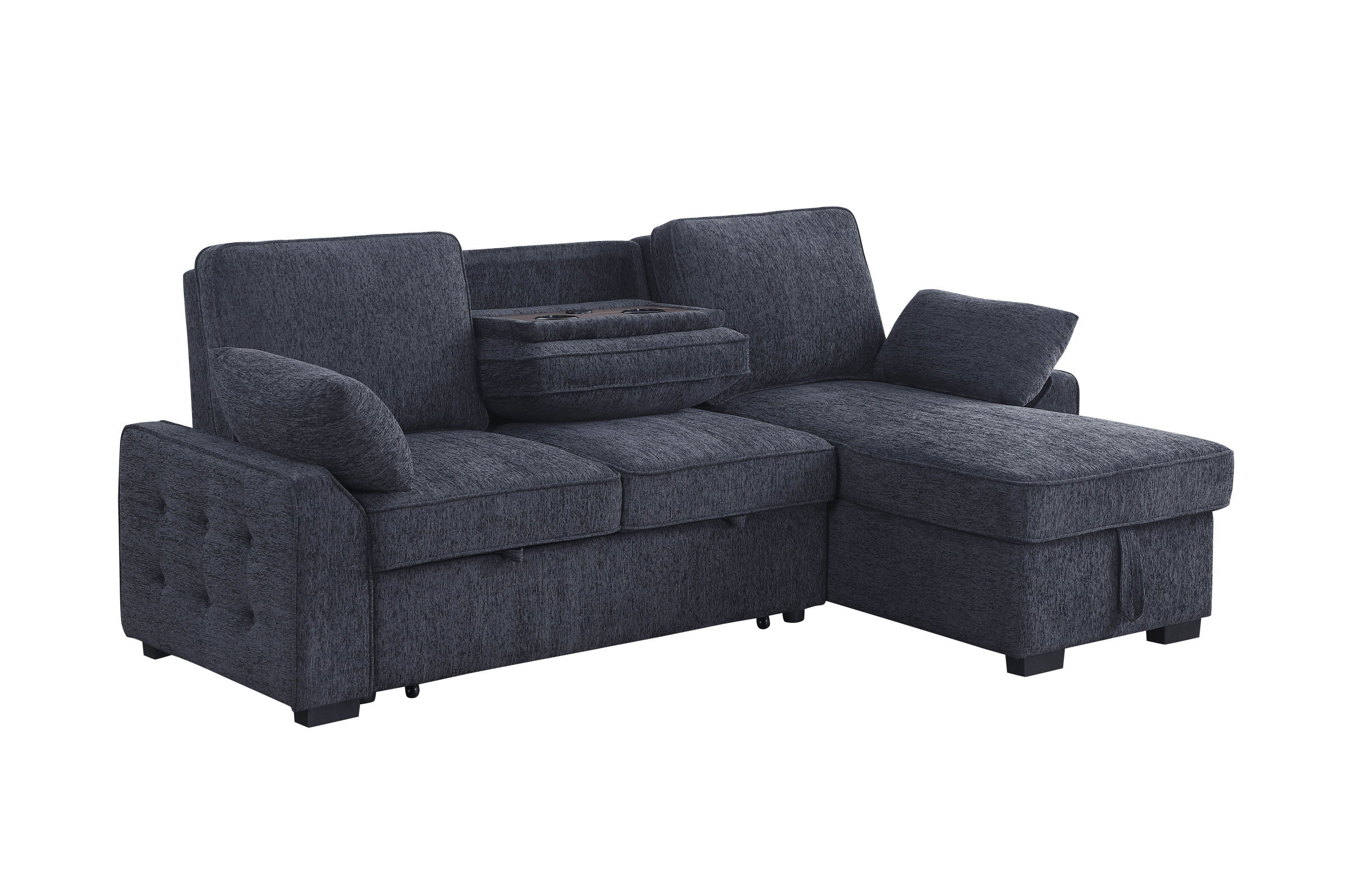 Mackenzie Dark Gray Chenille Fabric Reversible Sleeper Sectional with Storage Chaise, Drop-Down Table, Cup Holders and Charging Ports