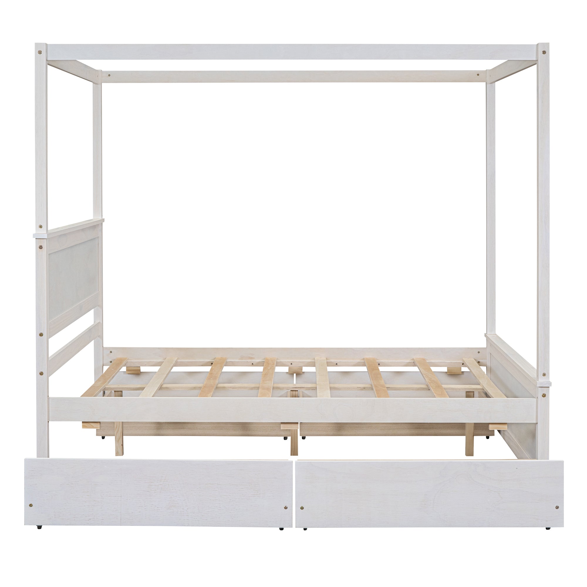 Wood Canopy Bed with four Drawers ,Full Size Canopy Platform Bed With Support Slats .No Box Spring Needed, Brushed White