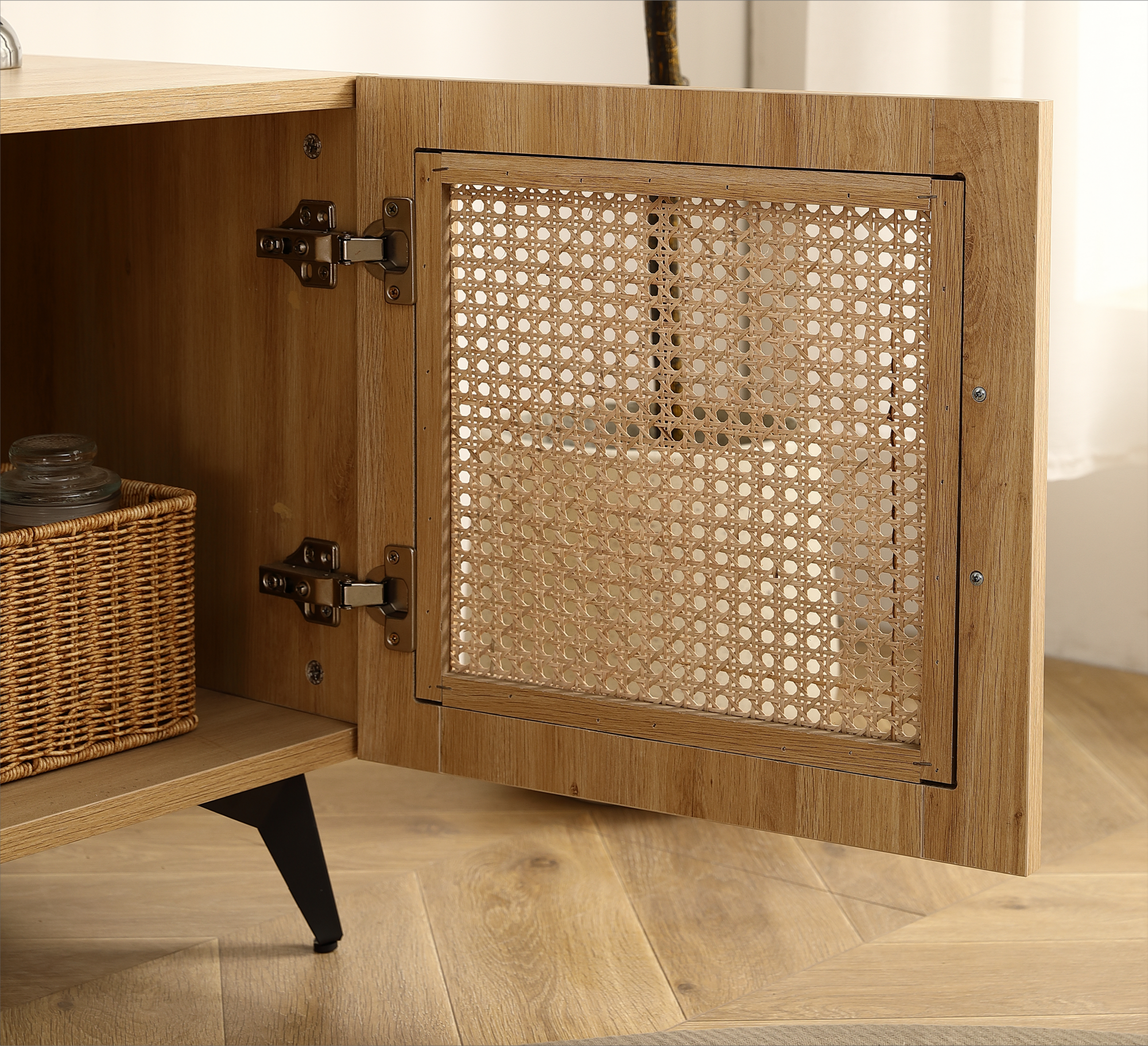 Oak TV Rattan Storage Cabinet Net - Perfect for Family Entertainment Room 51.2inch