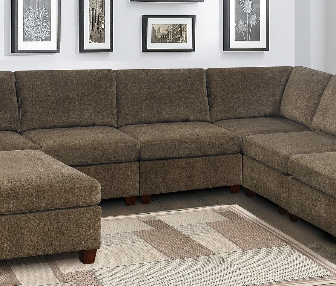 Living Room Furniture Tan Chenille Modular Sectional 7pc Set U-Sectional Modern Couch 2x Corner Wedge 3x Armless Chairs and 2x Ottoman Plywood