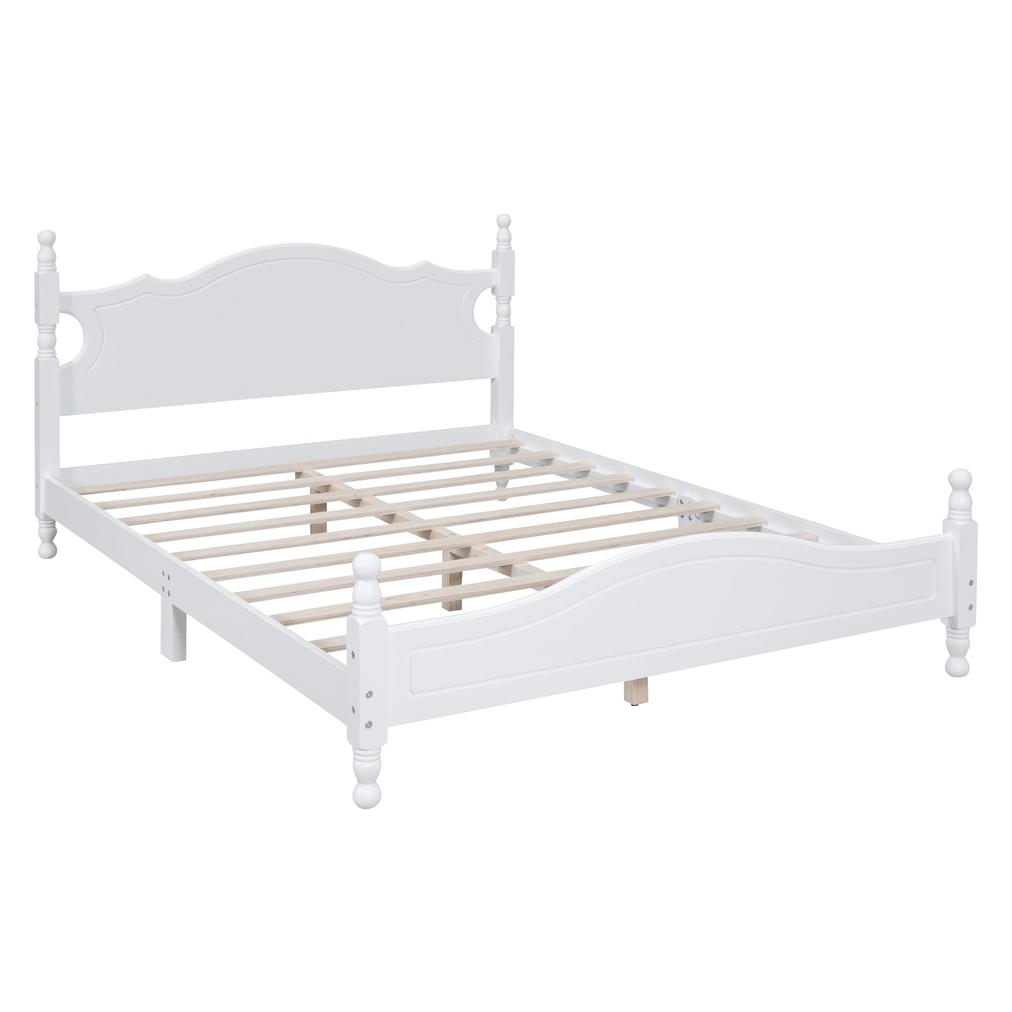 Queen Size Wood Platform Bed Frame,Retro Style Platform Bed with Wooden Slat Support,White