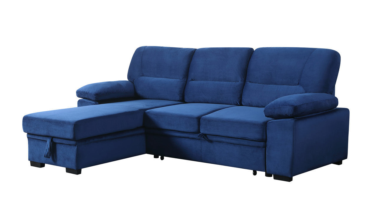 Kipling Blue Velvet Fabric Reversible Sleeper Sectional Sofa Chaise