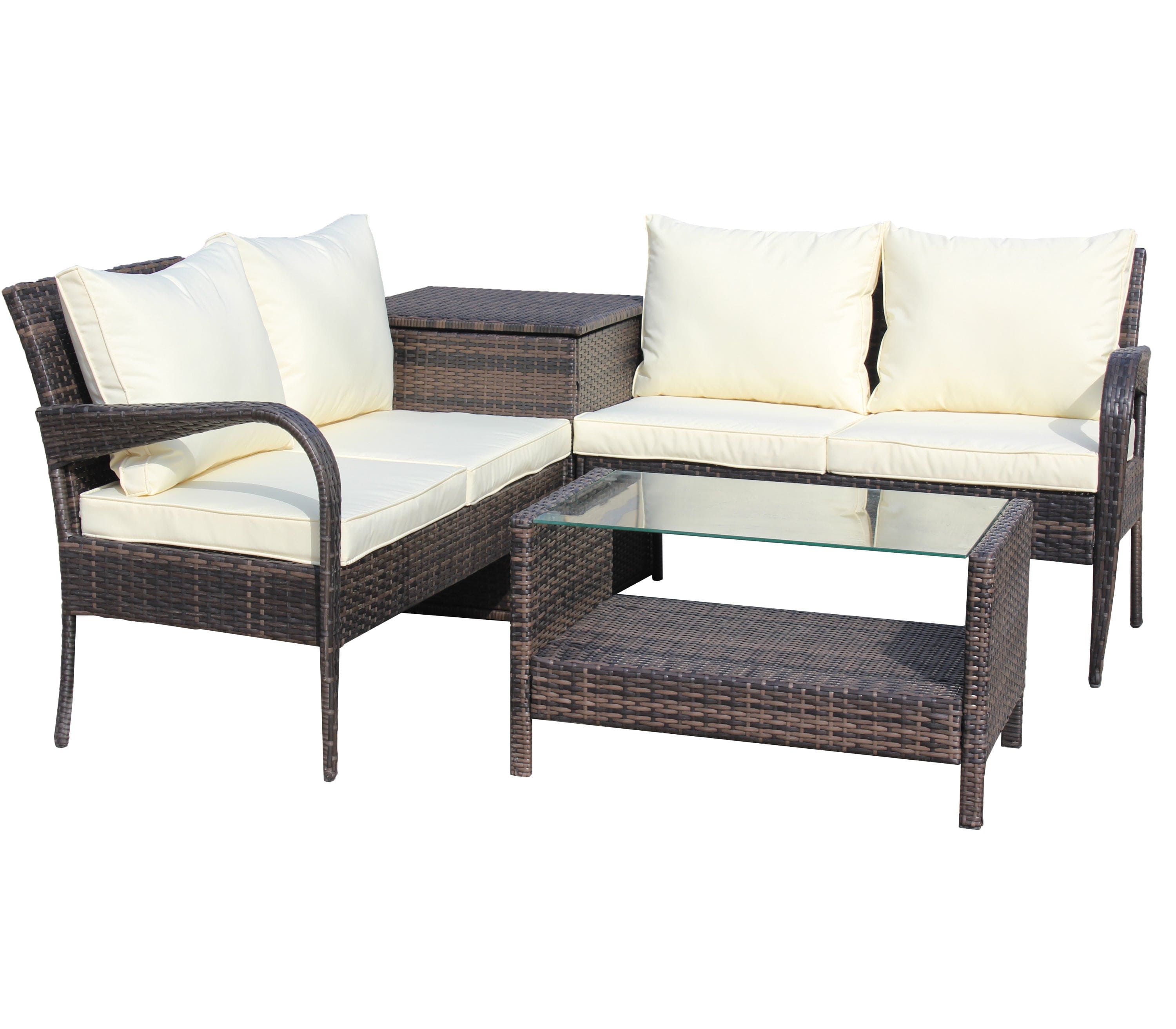 4 Piece Patio Sectional Wicker Rattan Outdoor Furniture Sofa Set with Storage Box Brown