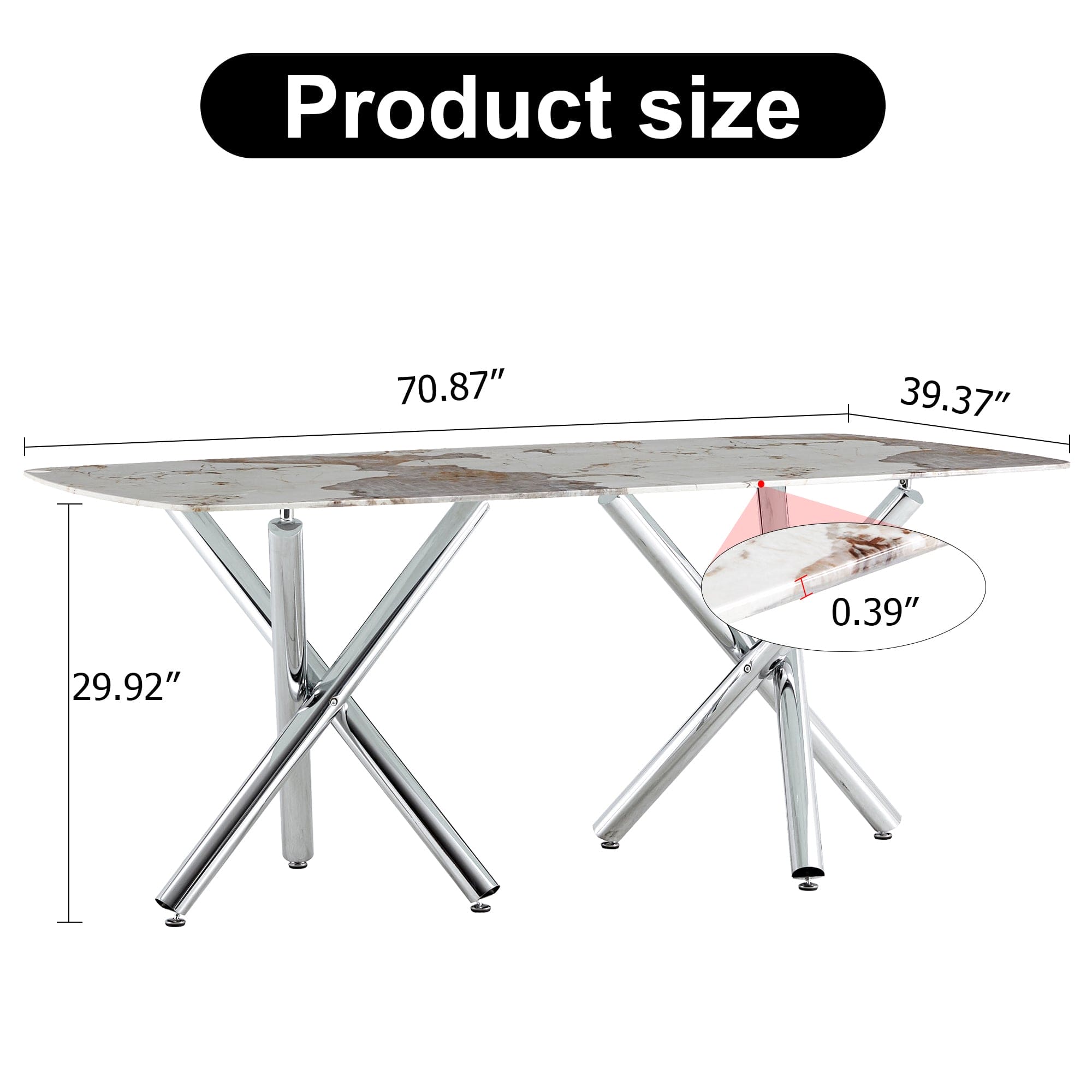 Large modern minimalist rectangular dining table suitable for 6-8 people, equipped with a 0.39 "imitation marble tabletop and metal legs,for Kitchen Dining Living Meeting Room Banquet hall,71"x 40"x30