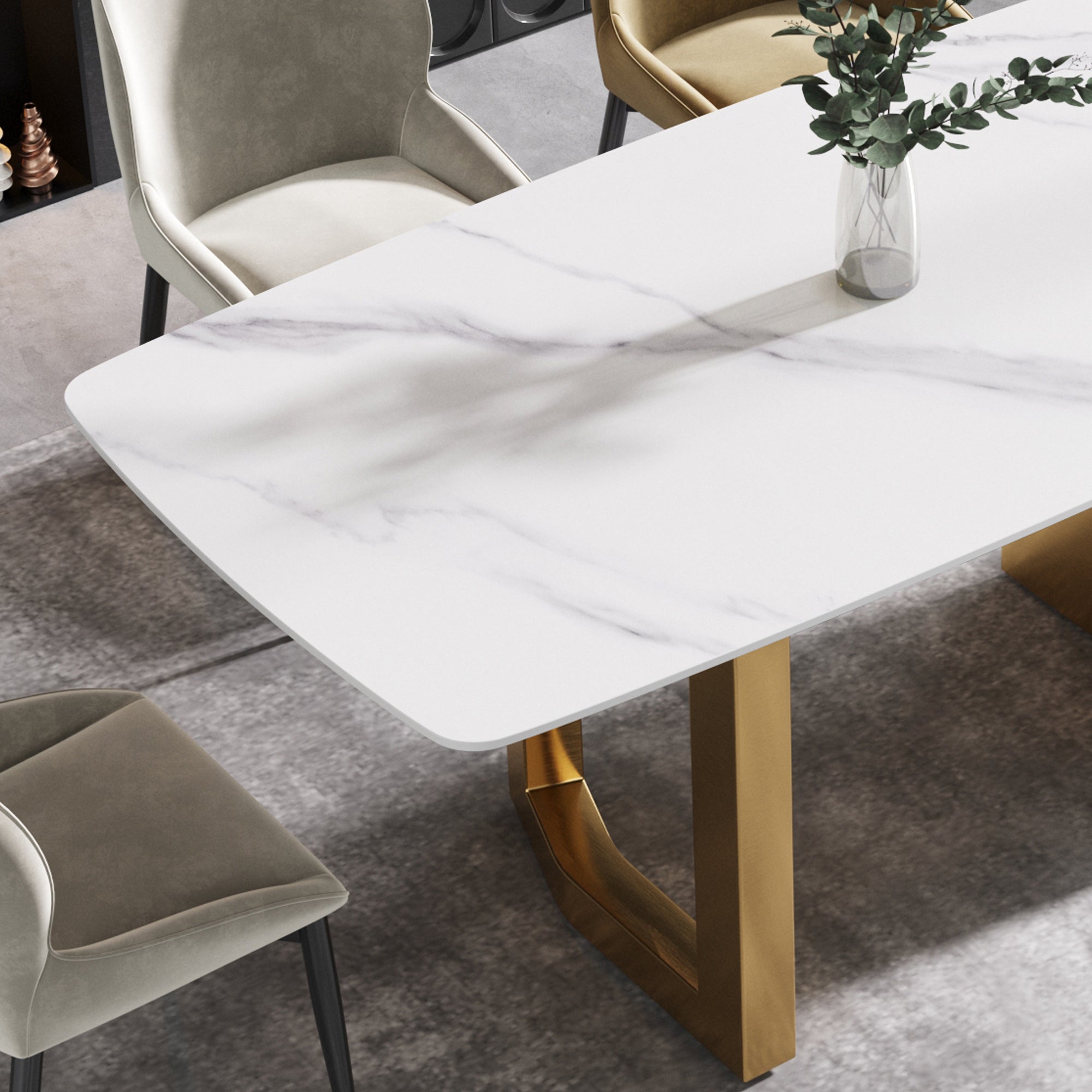 70.87"Modern artificial stone white curved golden metal leg dining table-can accommodate 6-8 people