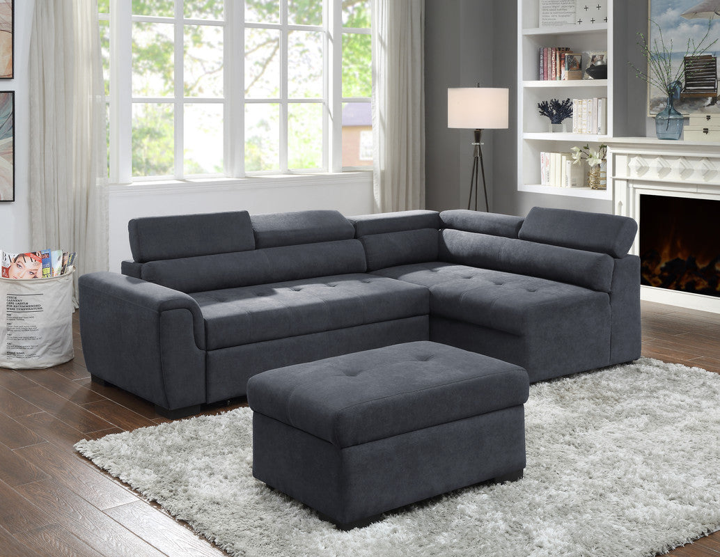 Haris Dark Gray Fabric Sleeper Sofa Sectional with Adjustable Headrest and Storage Ottoman