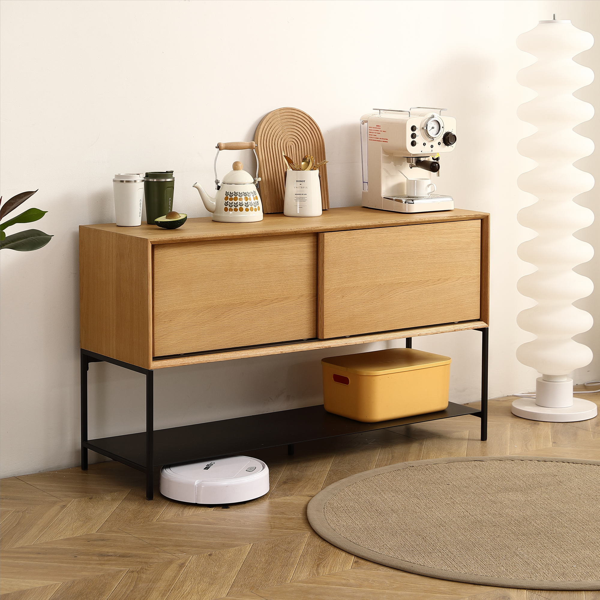 Sideboard Buffet Cabinet.White Rubber and MDF Two Door Sliding Cabinet for Dining Room, 47.24 inches