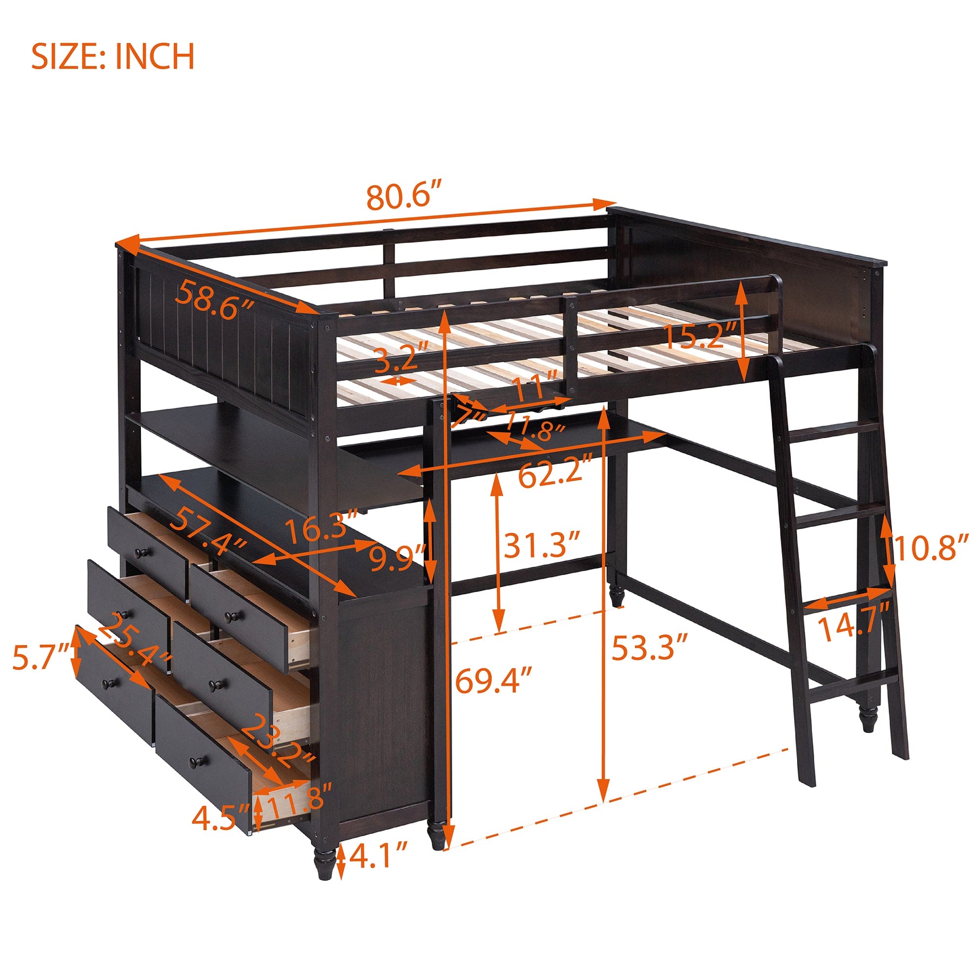 Full size Loft Bed with Drawers and Desk, Wooden Loft Bed with Shelves - Espresso(OLD SKU:LT001529AAP)