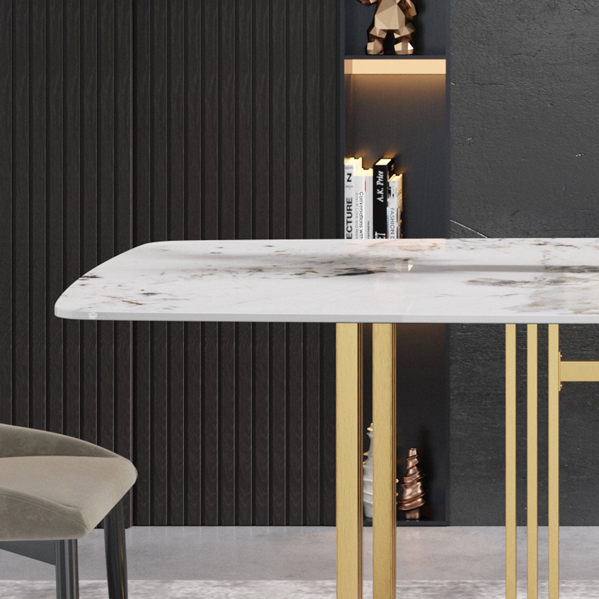 63"Modern artificial stone pandora white curved golden metal leg dining table -6 people