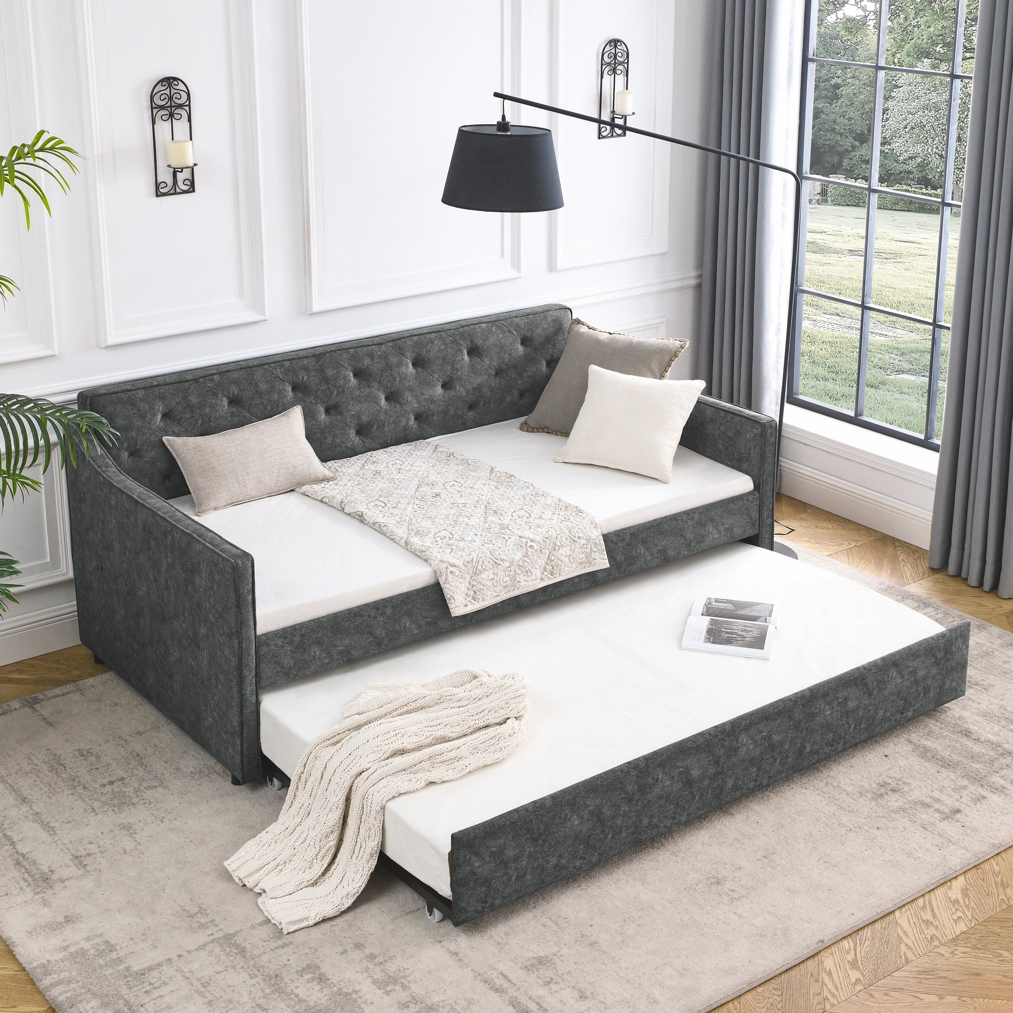 Twin Size Daybed with Twin Size Trundle Upholstered Tufted Sofa Bed,  Waved Shape Arms, Grey (80.5"x44.5"x33.5")