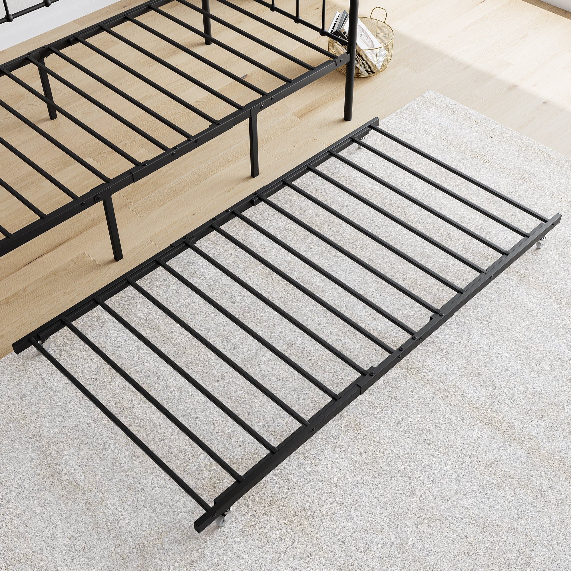 Twin Size Metal Daybed Frame with Trundle, Heavy Duty Steel Slat Support Sofa Bed Platform with Headboard, No Box Spring Needed, Black