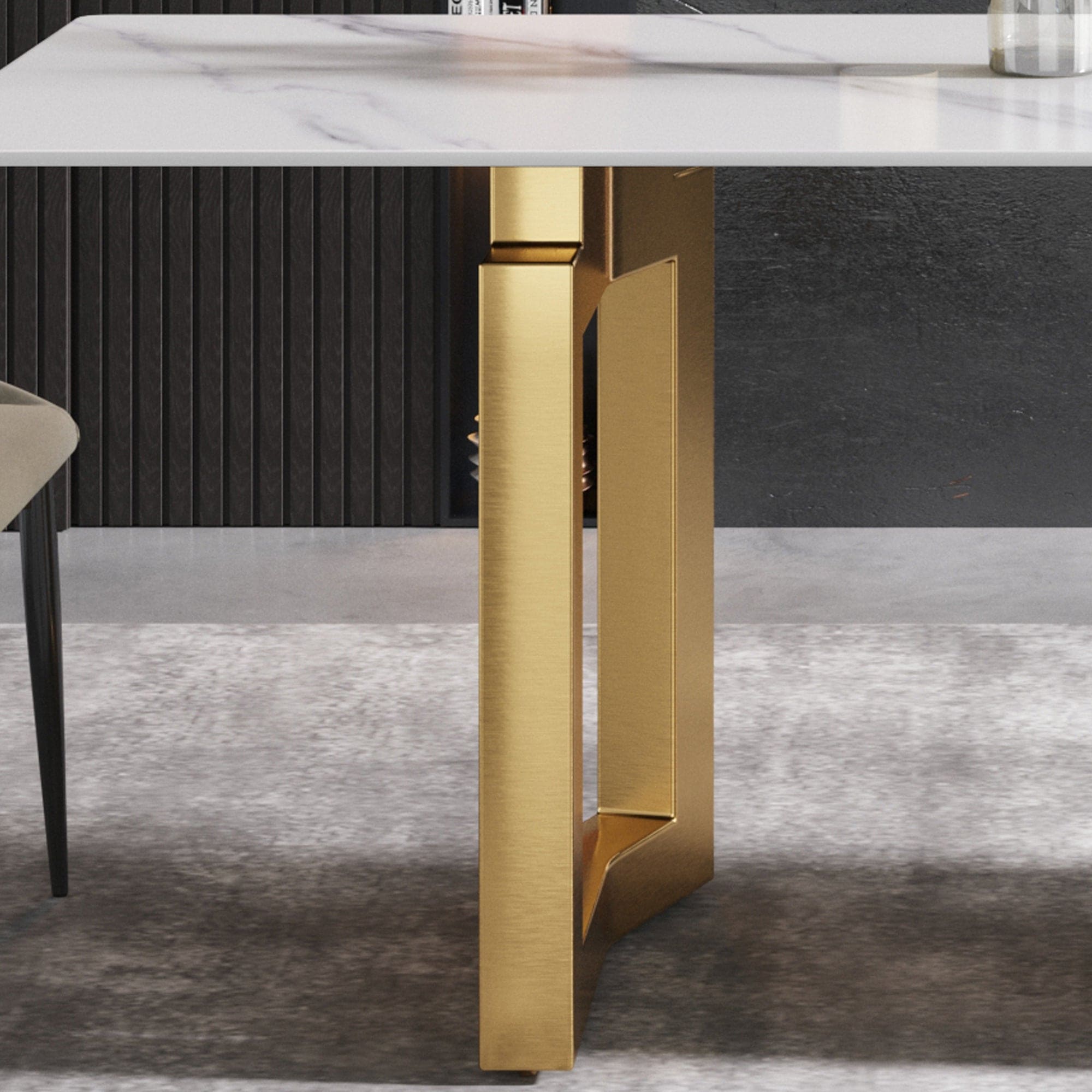 63"Modern artificial stone white straight edge golden metal leg dining table -6 people