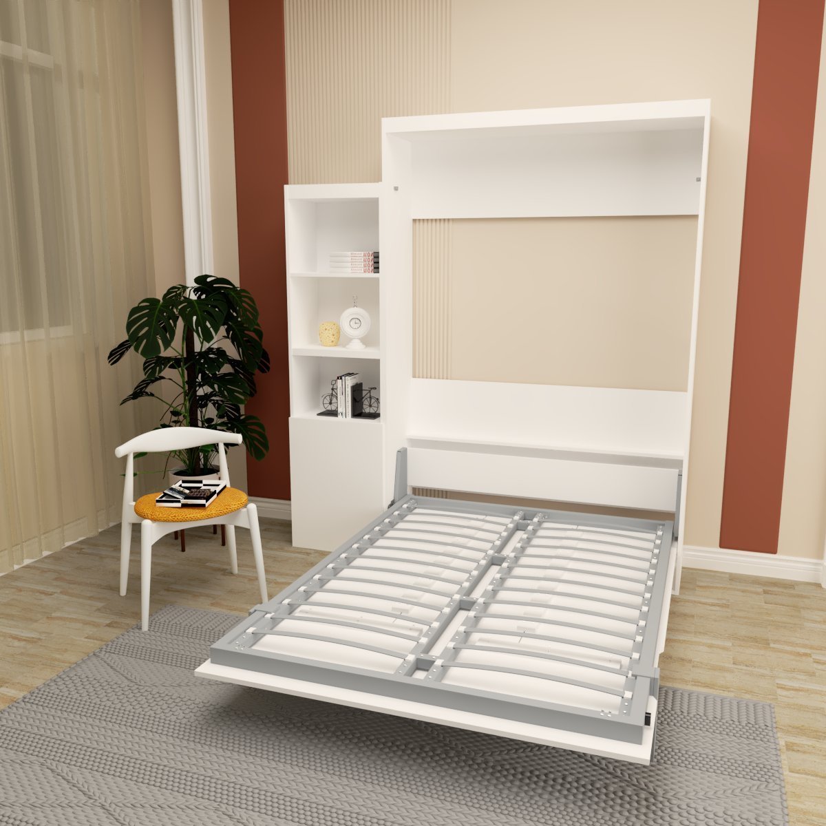 Queen  Size Morden Deisgn Full Size Vertical Murphy Bed with Shelf and Drawers for Bedroom or Guestroom White Wall Bed Space Saving Hidden Bed with New Style Gas Struts