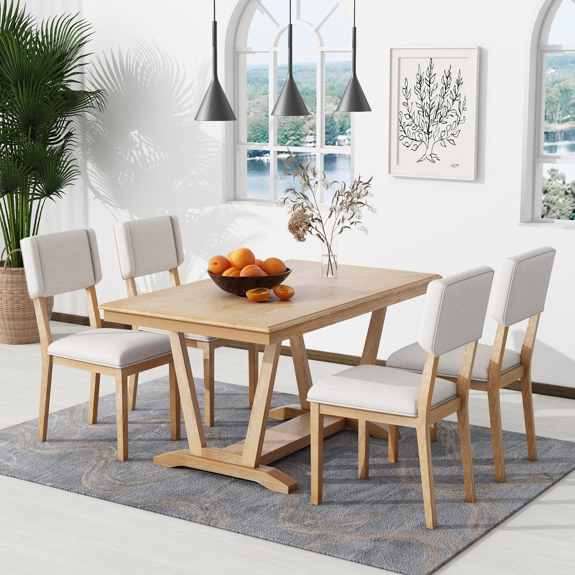 TOPMAX Rustic 5-piece Dining Table Set with 4 Upholstered Chairs, 59-inch Rectangular Dining Table with Trestle Table Base, Naural