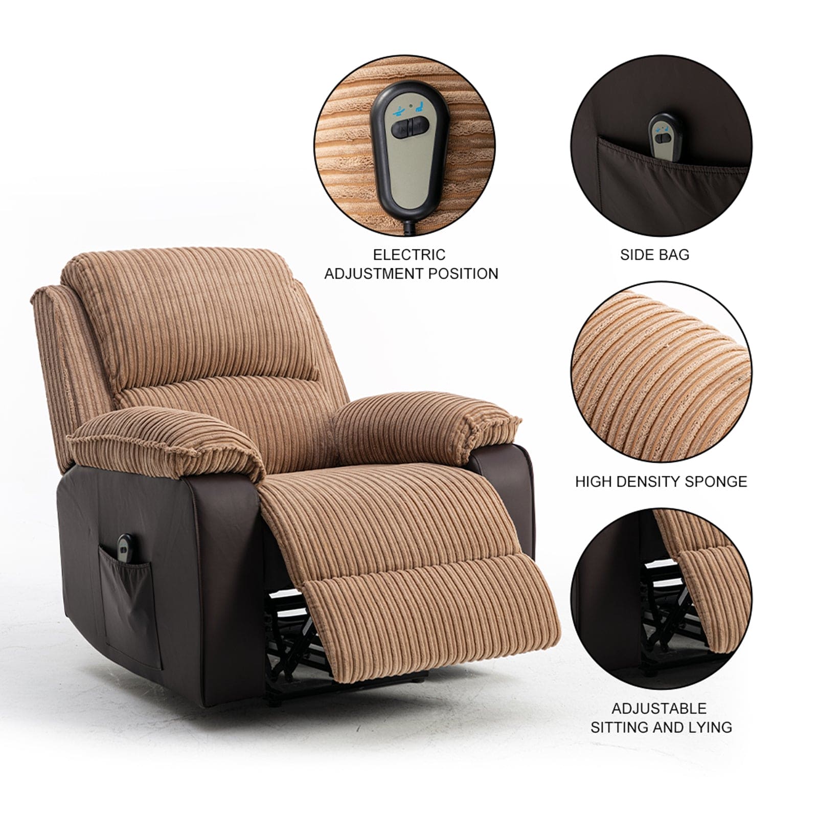 Brown Fabric Recliner Chair  Theater Single Recliner Thick Seat and Backrest, suitable for living room, side bags Electric sofa chair, electric remote control.The angle can adjust freely