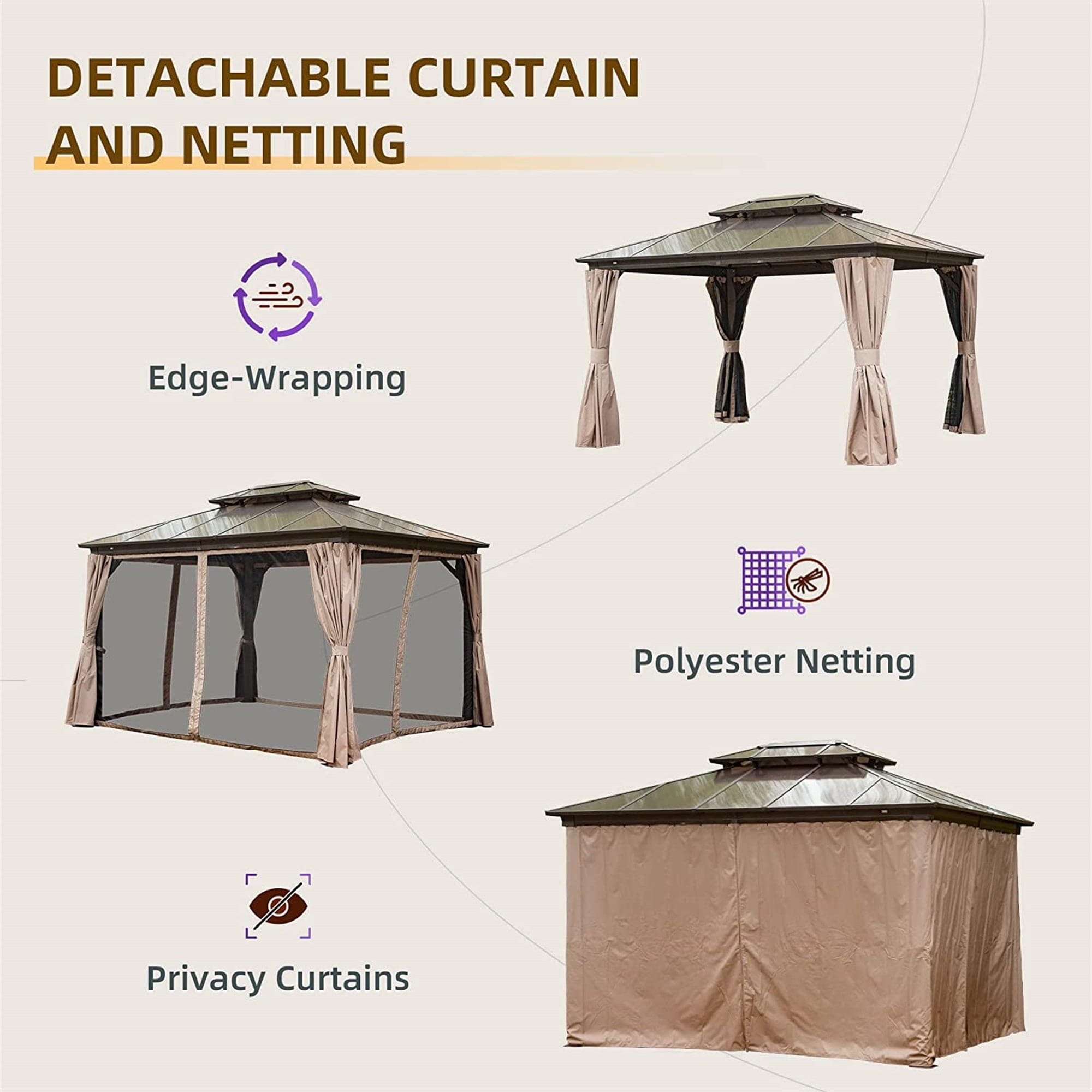 10'x12' Hardtop Gazebo, Permanent Outdoor Gazebo with Polycarbonate Double Roof, Aluminum Gazebo Pavilion with Curtain and Net for Garden, Patio, Lawns, Deck, Backyard(Brown)