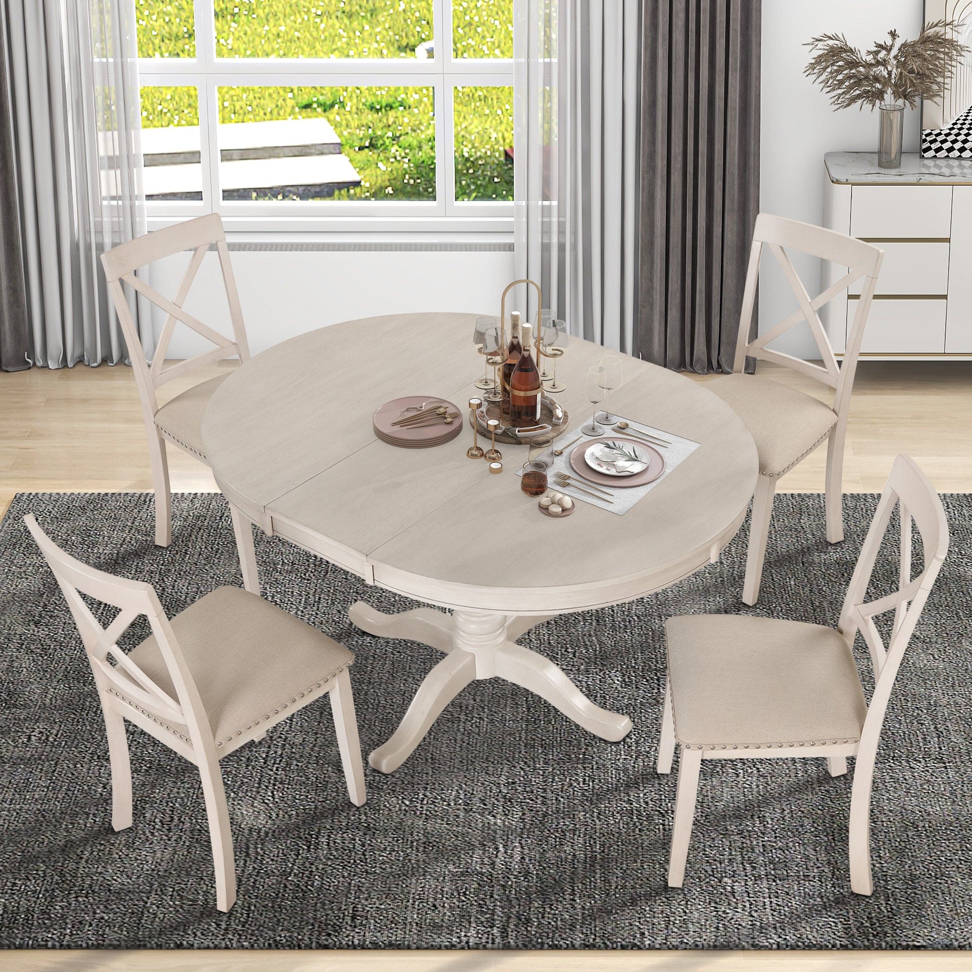 Modern Dining Table Set for 4,Round Table and 4 Kitchen Room Chairs,5 Piece Kitchen Table Set for Dining Room,Dinette,Breakfast Nook,Antique White