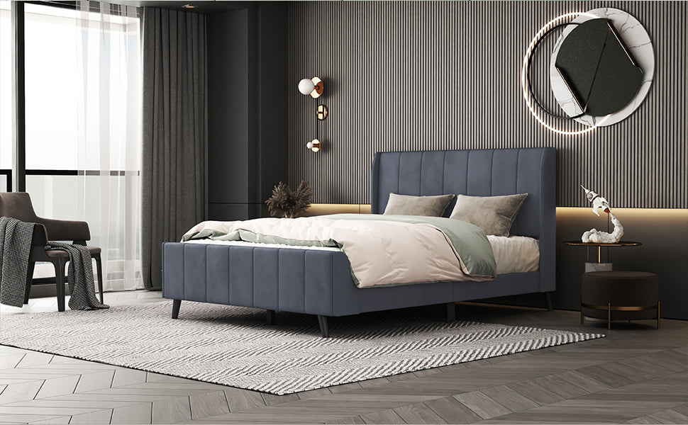 Full Size Upholstered Platform Bed, Velvet, Gray