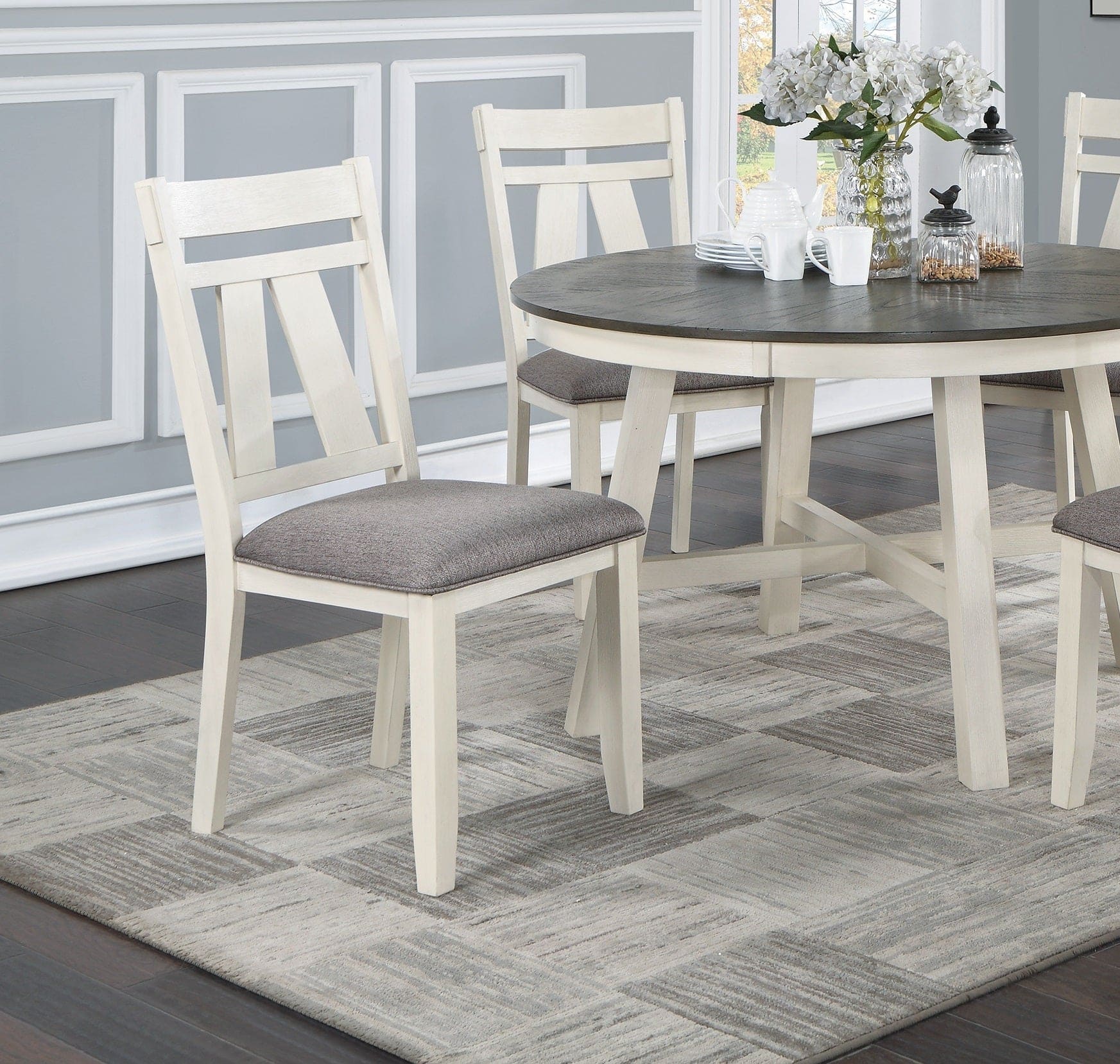 Dining Room Furniture 5pc Dining Set Round Table And 4x Side Chairs Gray Fabric Cushion Seat White Clean Lines Wooden Table Top