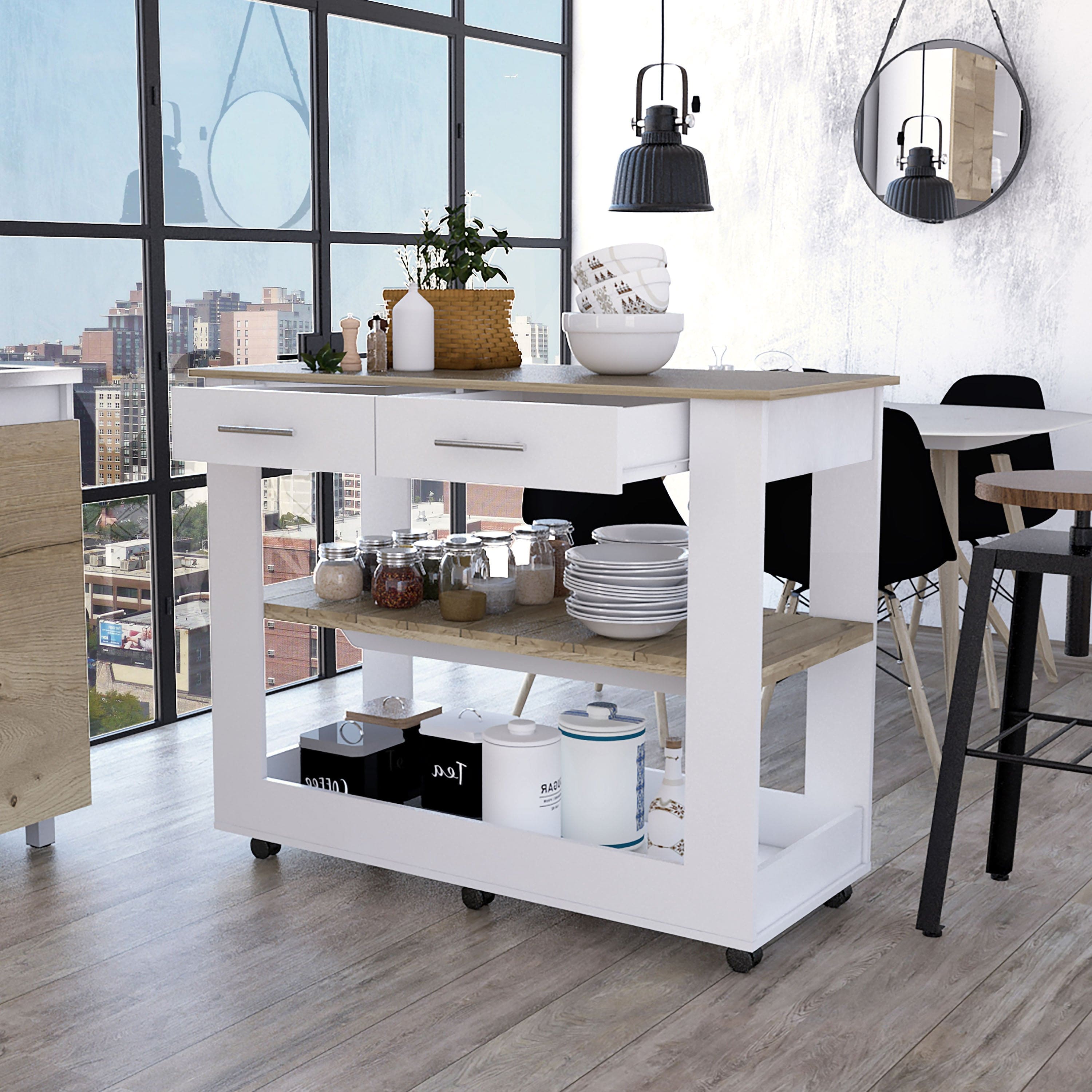 Rockaway 2-Drawer 2-Shelf Kitchen Island White and Light Oak