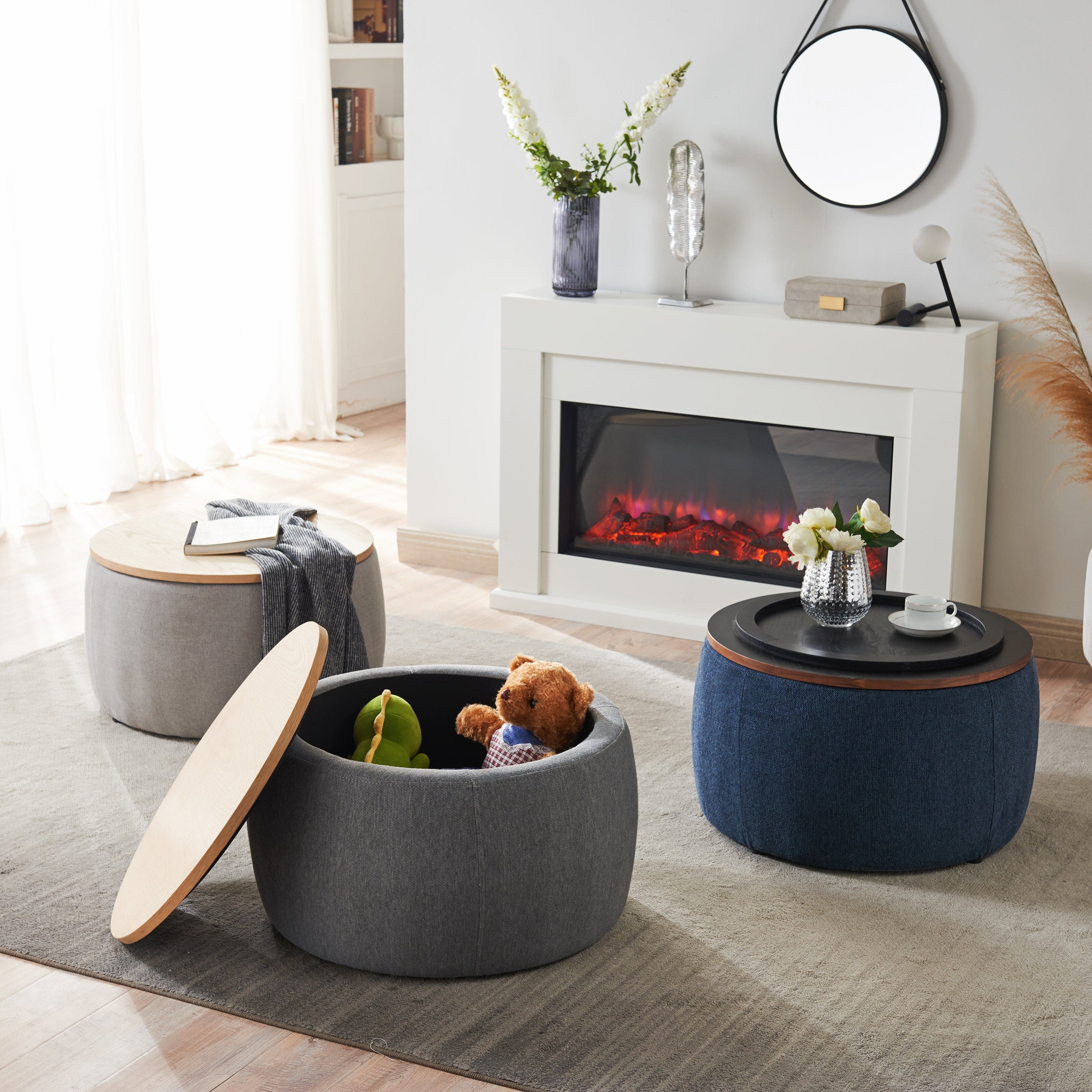 Round Storage Ottoman, 2 in 1 Function, Work as End table and Ottoman, Navy (25.5"x25.5"x14.5")