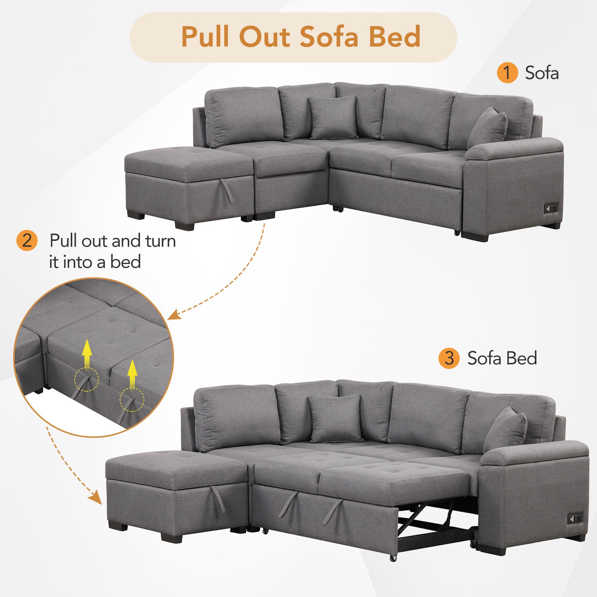 Sleeper Sectional Sofa, L-Shape Corner Couch Sofa-Bed with Storage Ottoman & Hidden Arm Storage & USB Charge  for Living Room Apartment, Dark Gray