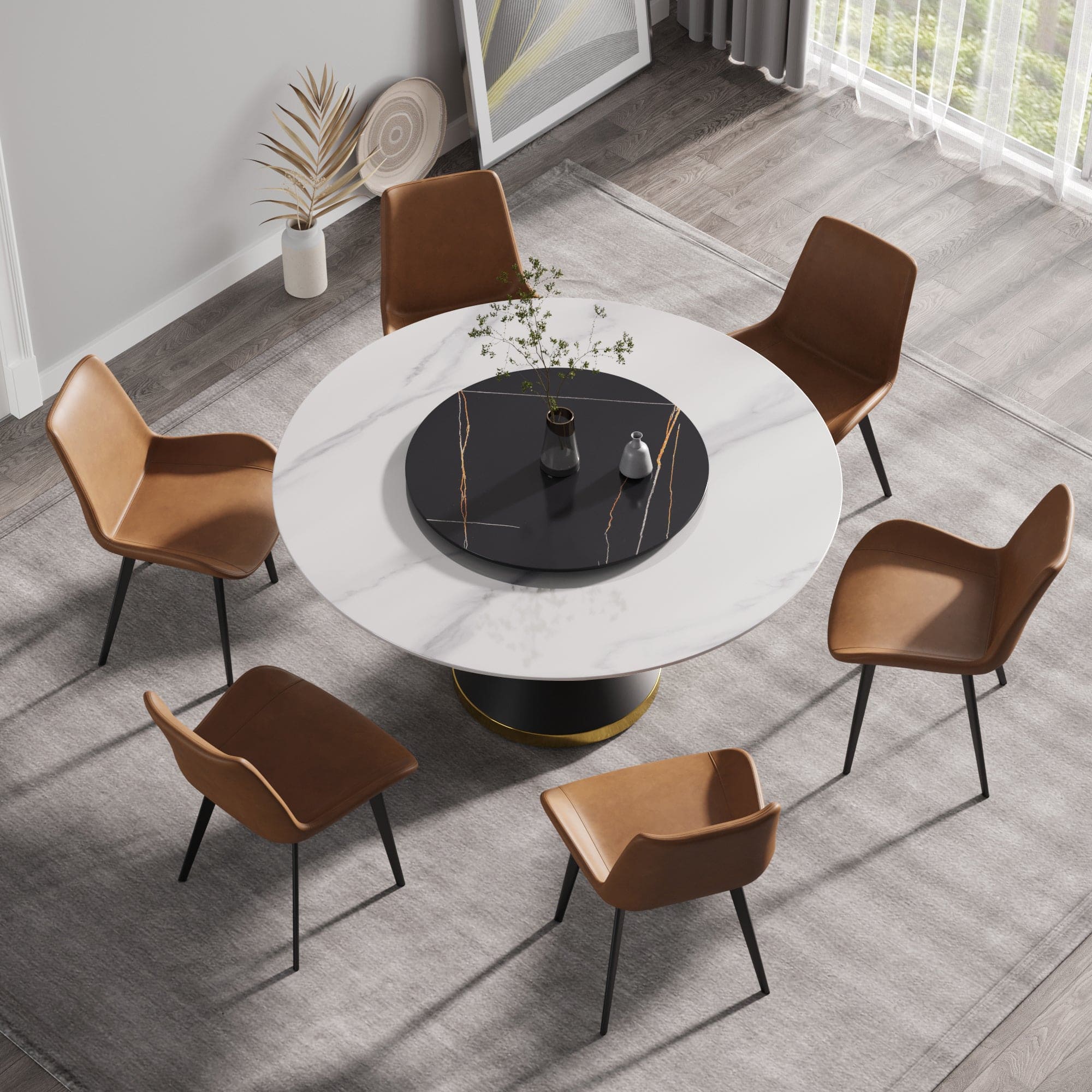 59.05"Modern artificial stone round black carbon steel base dining table-can accommodate 6 people-31.5"black artificial stone turntable