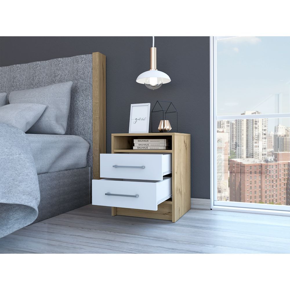 Eter Nightstand, Superior Top, Two Drawers -White / Light Oak