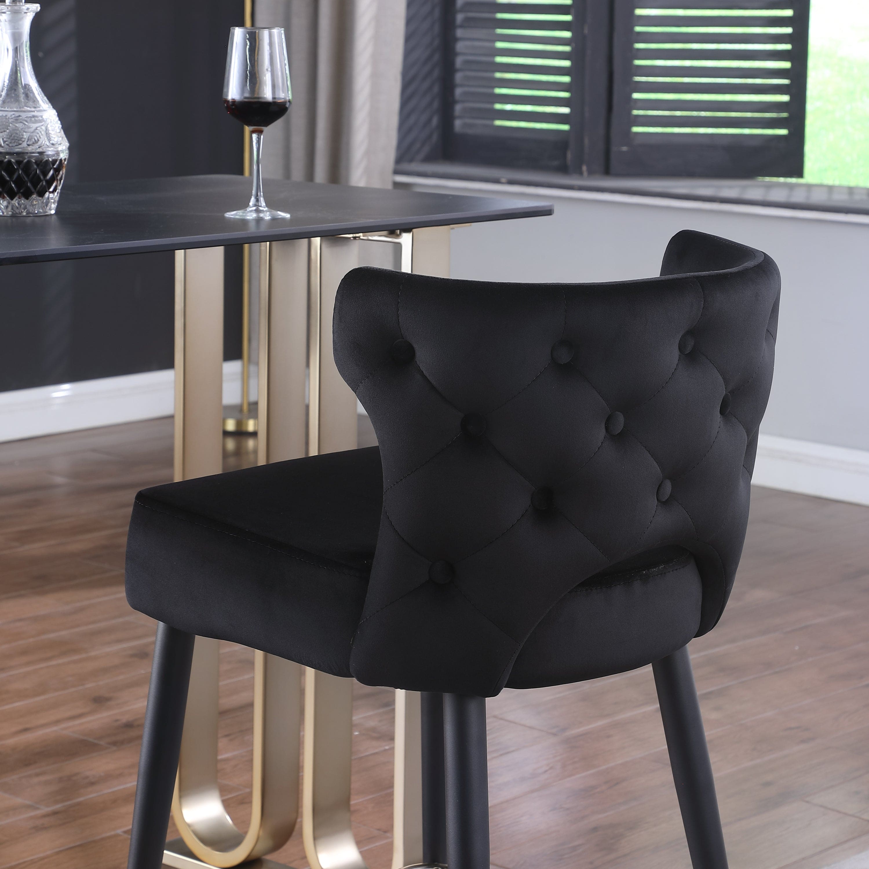 Woker Furniture Contemporary Velvet Upholstered Counter Height Stool with Gold Tipped, Black Metal Legs, 22" W x 19" D x 38.5" H, Black