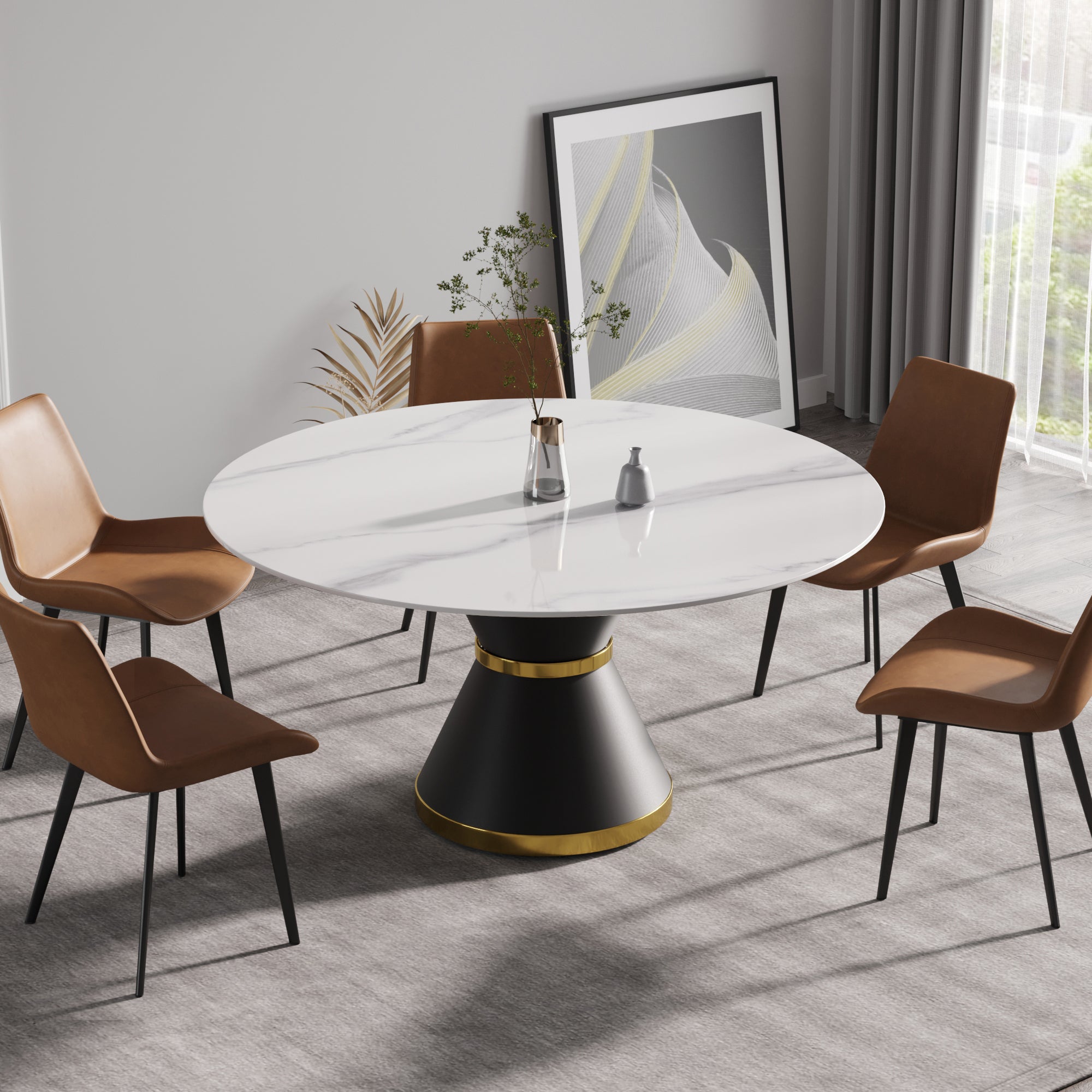 59.05"Modern artificial stone round black carbon steel base dining table-can accommodate 6 people