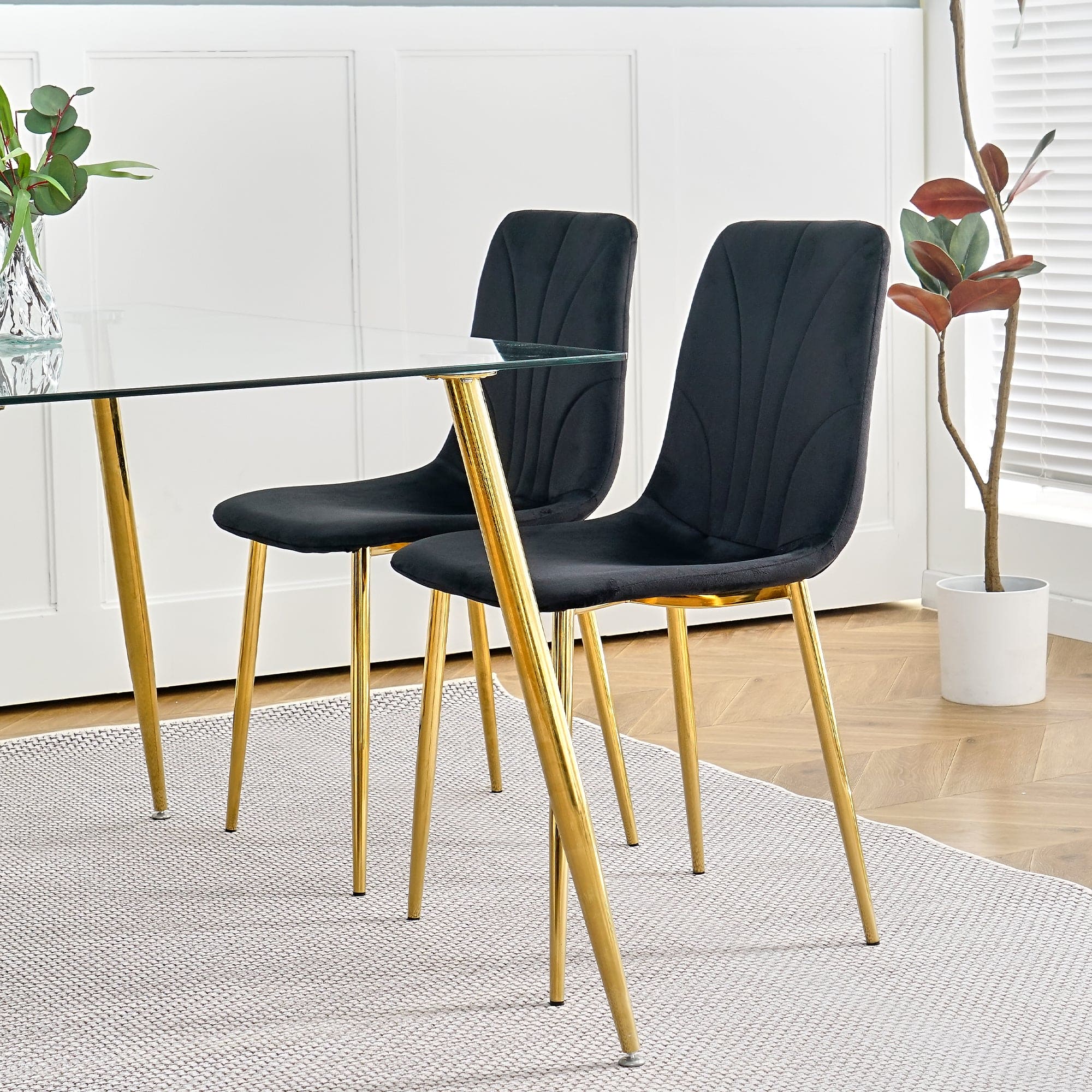 Modern simple light luxury dining black chair home bedroom stool back dressing chair student desk chair gold metal legs(set of 4)