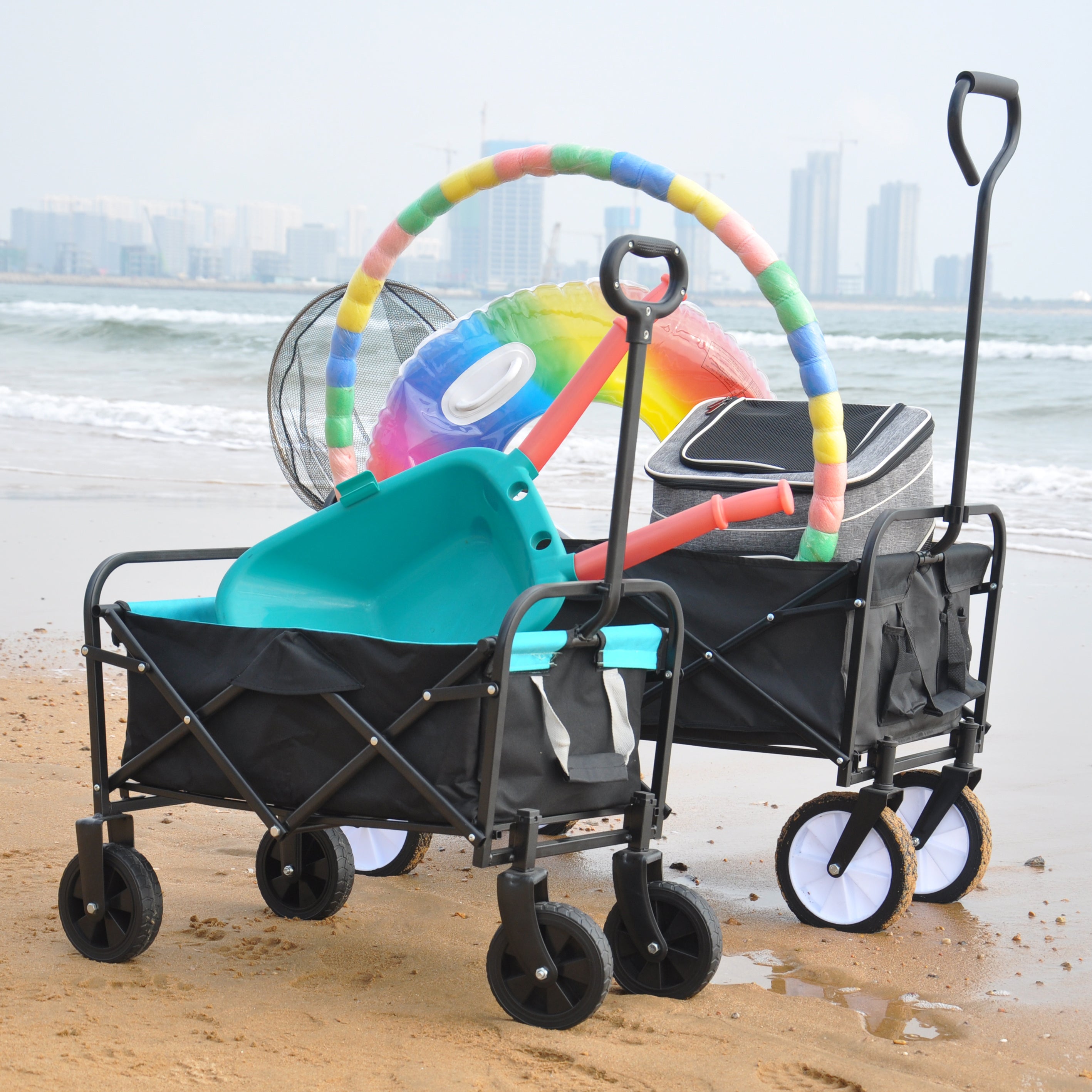 Folding Wagon Garden Shopping Beach Cart (black+blue)