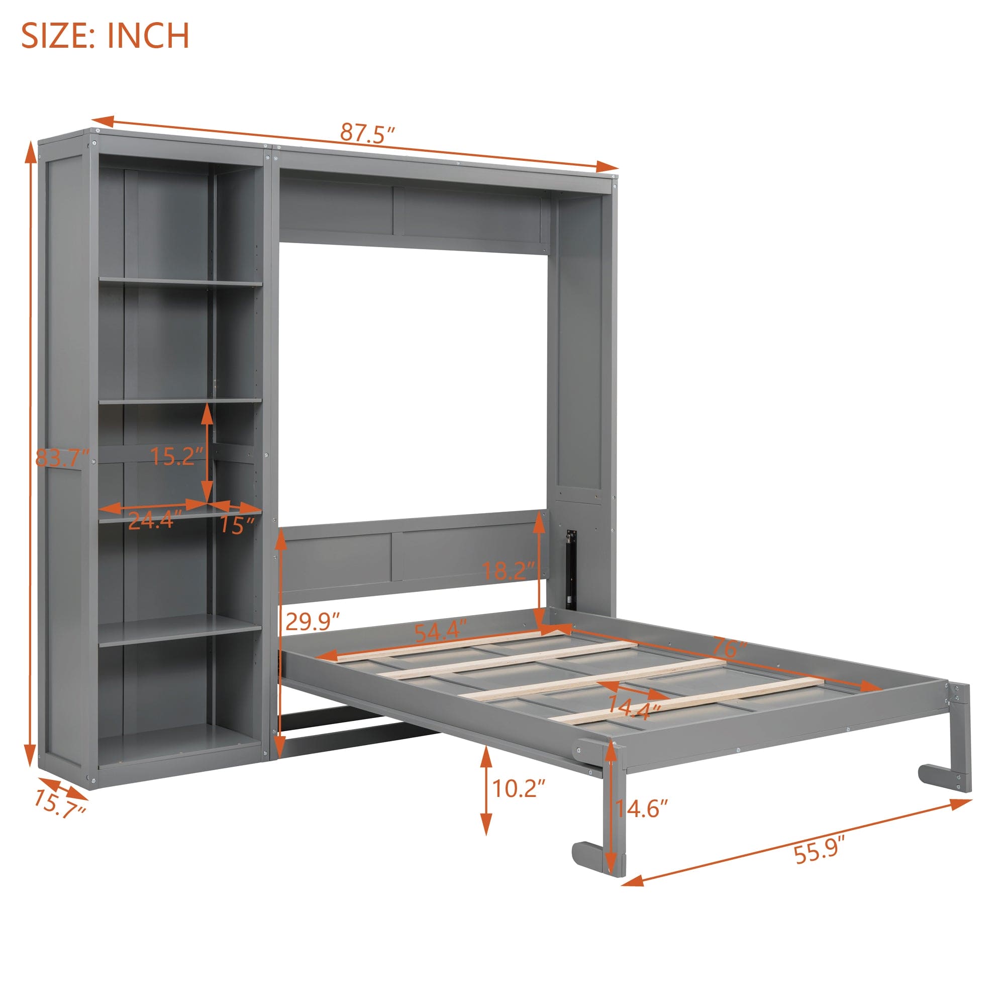 Full Size Murphy Bed Wall Bed with Shelves,Gray