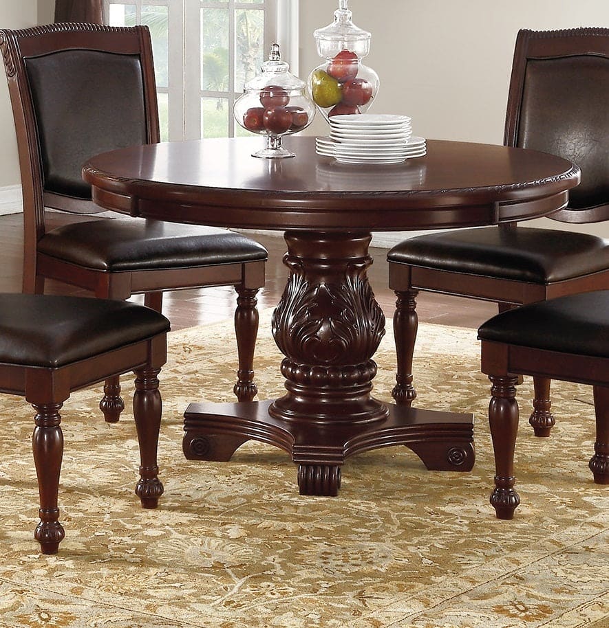 Classic Formal Dining Room Table And 4x Side Chairs Brown 5pc Set Dining Table Pedestal Base Antique Round Table Faux Leather Upholstered Chair