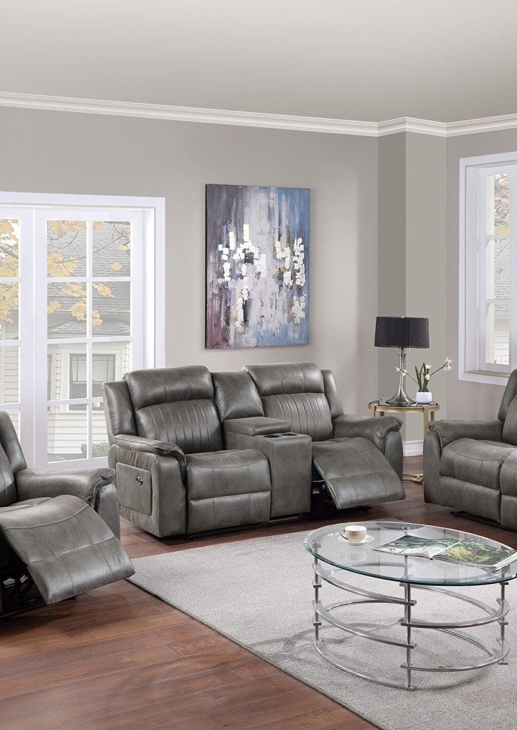 Contemporary Manual Motion Loveseat w Console 1pc Couch Living Room Furniture Slate Blue Breathable Leatherette