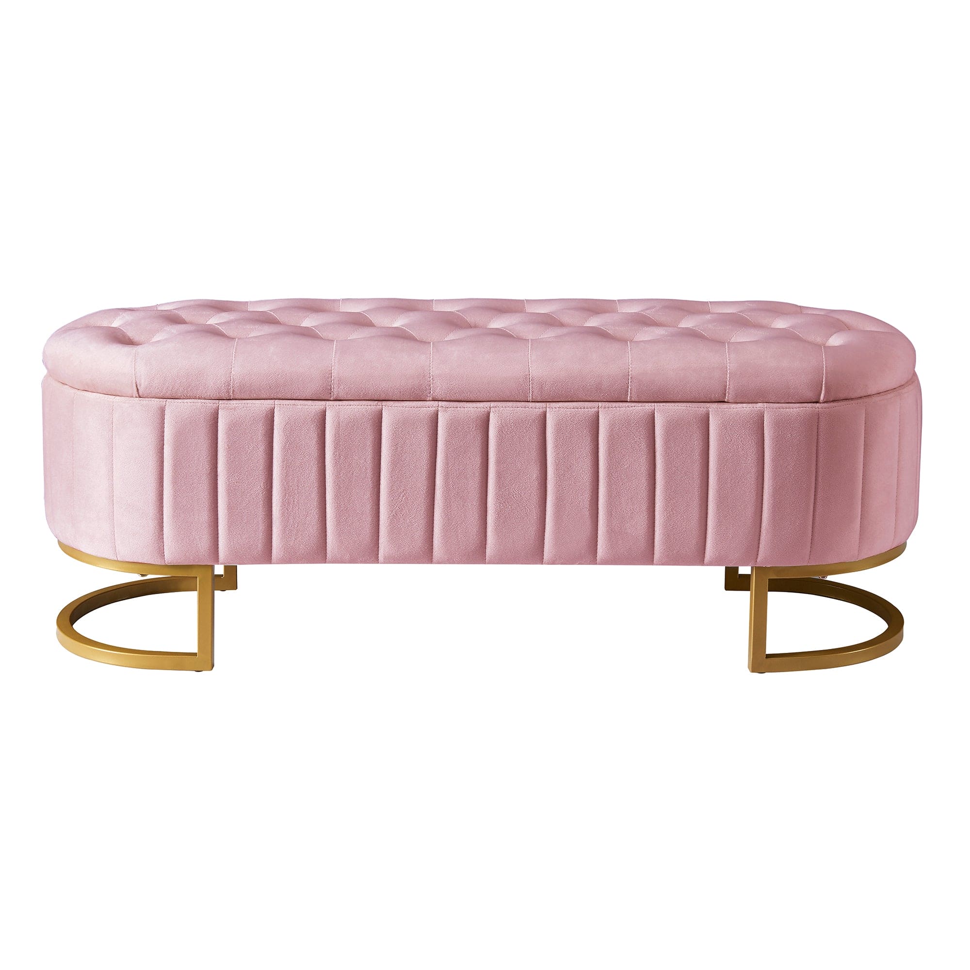 Elegant Upholstered Velvet Storage Ottoman with Button-Tufted,Storage Bench with Metal Legs for Bedroom,Living Room,Fully Assembled Except Legs,Pink