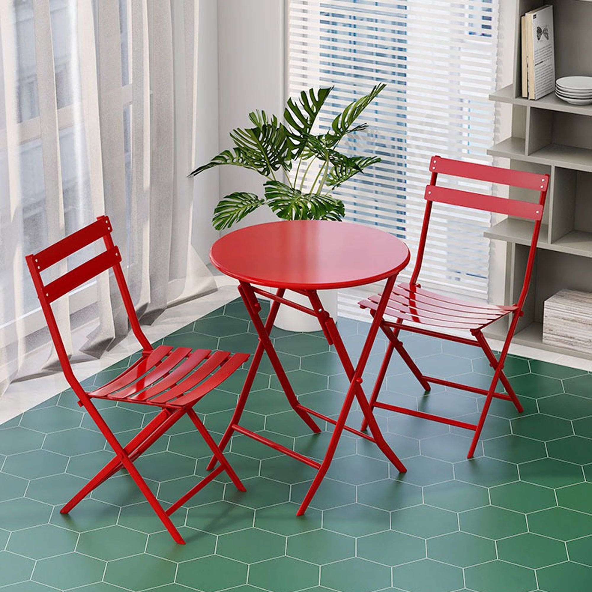 3 Piece Patio Bistro Set of Foldable Round Table and Chairs, Red