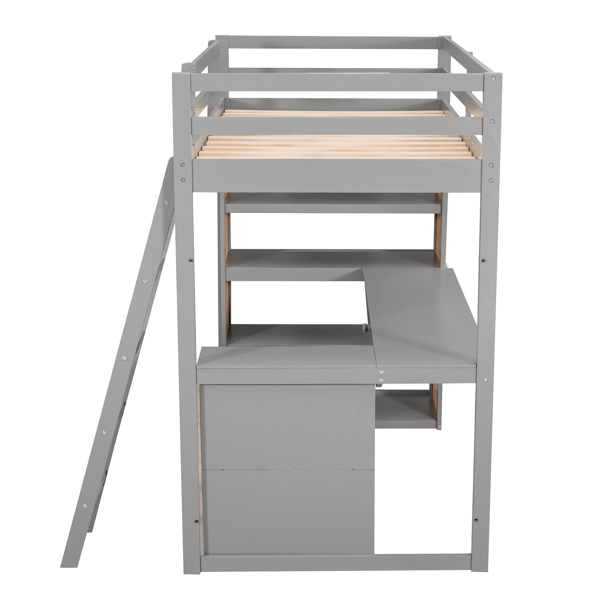 Twin Size Loft Bed with Ladder, Shelves, and Desk, Gray(LT100225AAE)