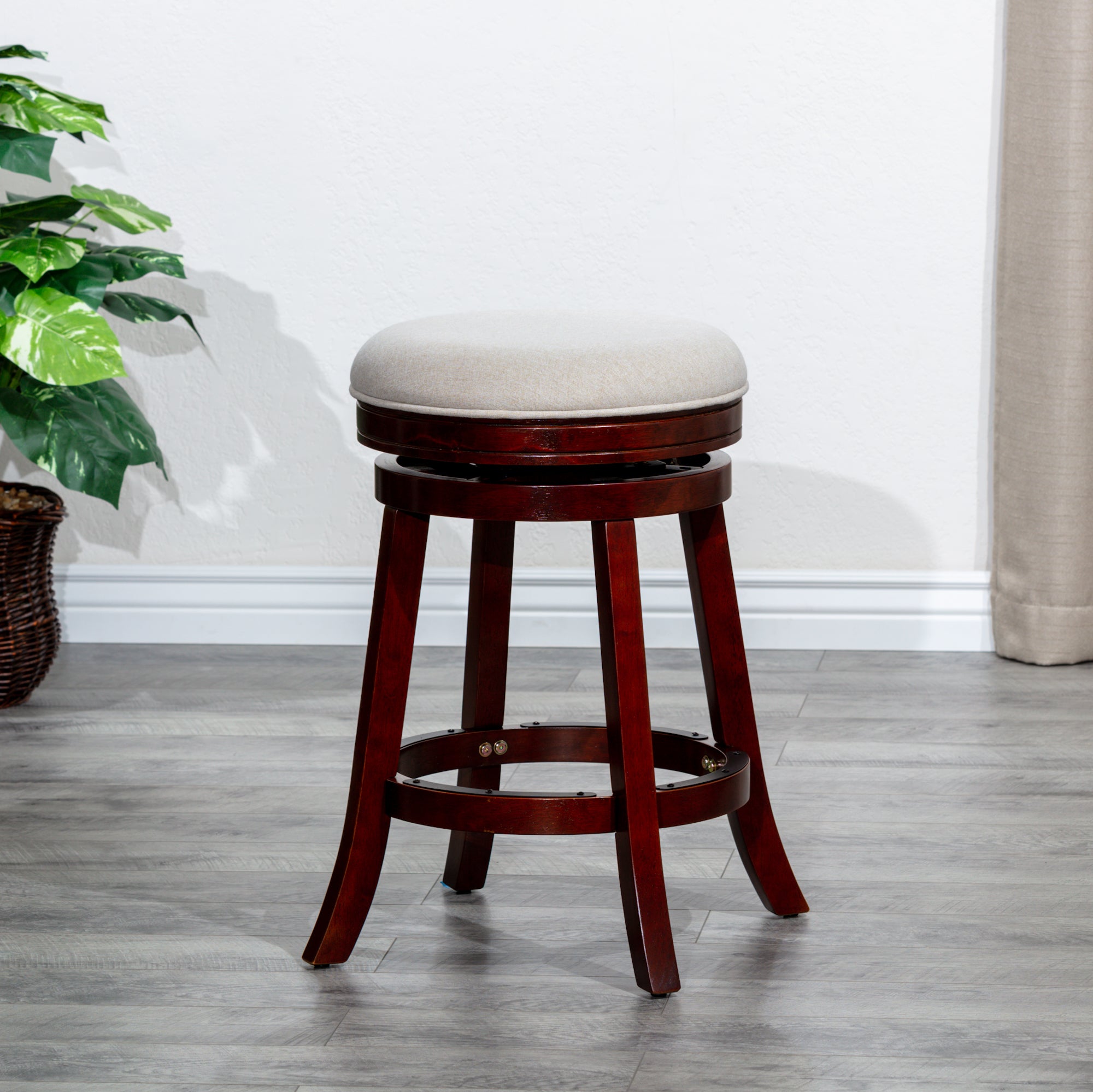 24" Counter Stool, Cherry Finish, Beige Fabric Seat