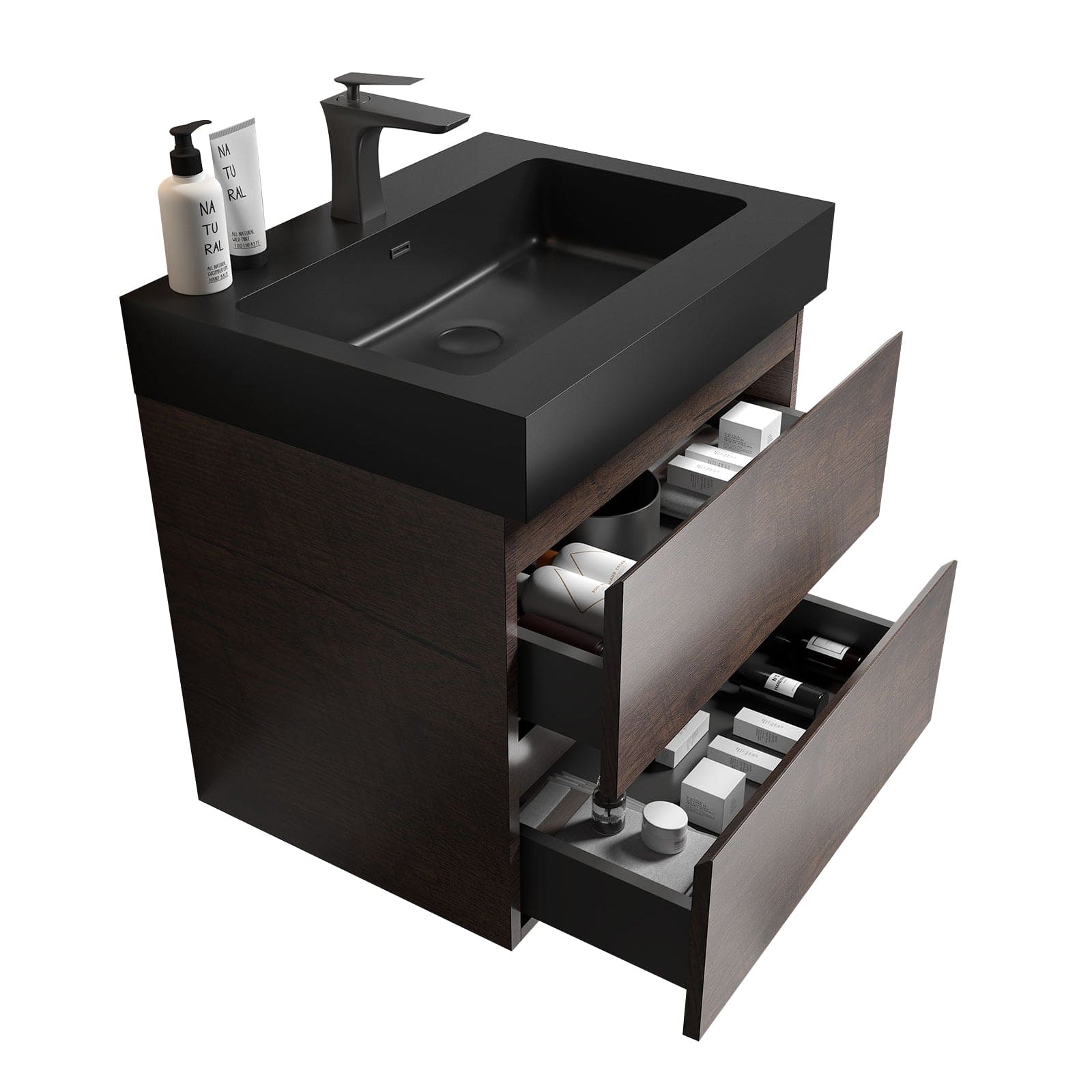 Alice 24" Walnut Bathroom Vanity with Sink, Large Storage Wall Mounted Floating Bathroom Vanity for Modern Bathroom, One-Piece Black Sink Basin without Drain and Faucet